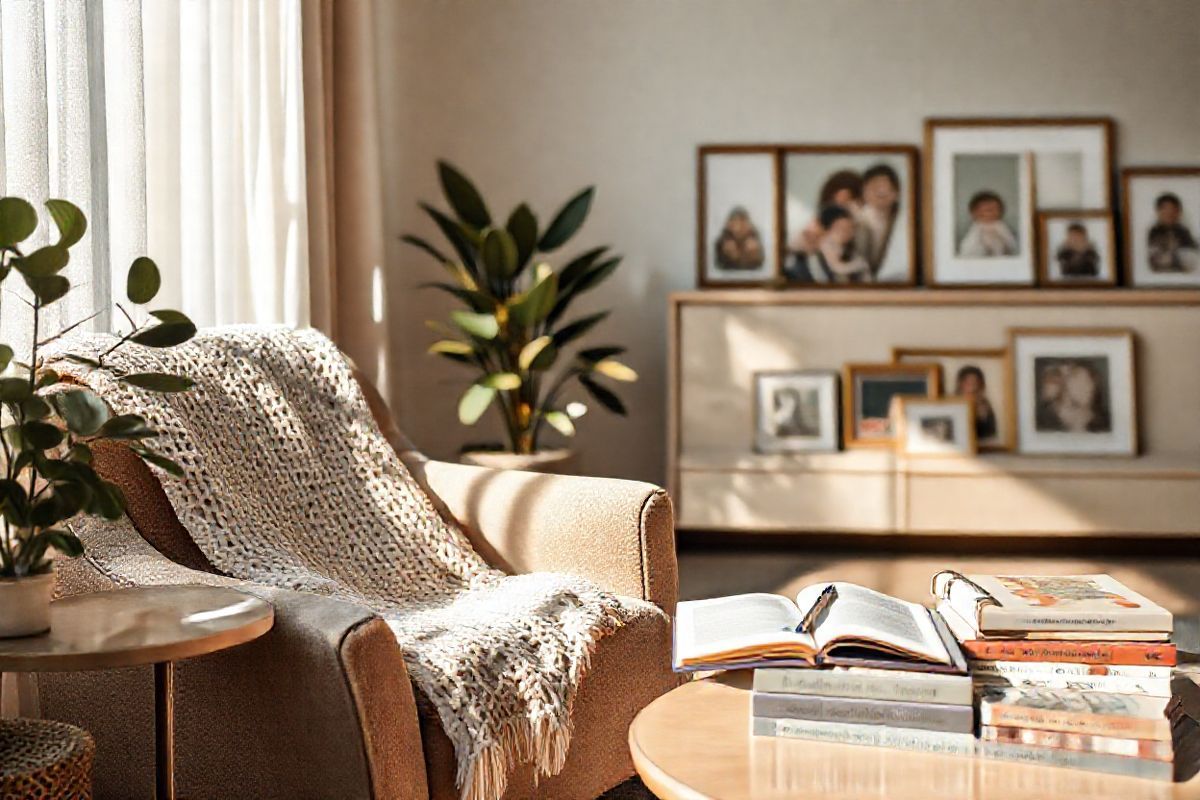 A serene and inviting living room scene is depicted, showcasing a cozy environment for caregivers and their loved ones. Soft, natural light filters through sheer curtains, casting gentle shadows on a comfortable, plush armchair adorned with a warm, knitted blanket. A small side table holds a steaming cup of herbal tea and an open notebook with a pen, symbolizing self-care and reflection. In the background, a vibrant indoor plant adds a touch of nature, while family photos in elegant frames line the walls, illustrating cherished moments and connections. On the coffee table, an assortment of health and wellness books is displayed, hinting at the caregiver’s commitment to personal well-being. The overall color palette consists of calming earth tones, creating a peaceful atmosphere that encourages relaxation and rejuvenation. This image captures the essence of caregiving—a balance of nurturing others while prioritizing one’s own health and tranquility.