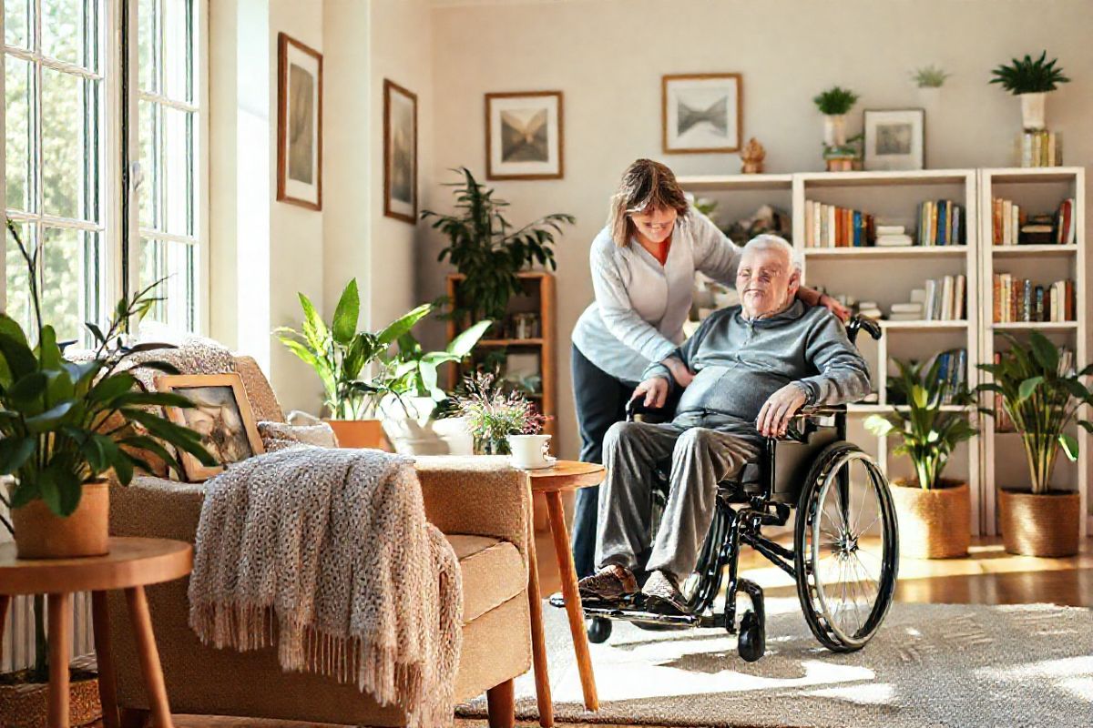 A serene and inviting living room scene filled with warm, natural light pouring in through large windows. In the foreground, a cozy armchair draped with a soft, knitted blanket sits next to a small wooden side table, on which rests a steaming cup of herbal tea and a framed family photo. The walls are adorned with gentle pastels and framed artwork depicting nature, creating a soothing atmosphere. Nearby, a caregiver, a middle-aged woman with a compassionate expression, is tenderly helping an elderly man with Alzheimer’s, who sits in a wheelchair. He has a gentle smile, and their interaction radiates warmth and understanding. Surrounding them are houseplants that bring life to the space, and a soft area rug adds comfort underfoot. In the background, a bookshelf filled with well-loved books and family mementos represents the shared history and connection between the caregiver and the individual. The overall ambiance is one of love, support, and tranquility, perfectly capturing the essence of caregiving for someone with Alzheimer’s.