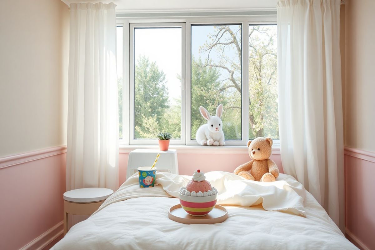 A serene and inviting children’s recovery room is depicted, featuring soft pastel colors on the walls and gentle, natural light streaming through sheer curtains. In the center, a cozy bed adorned with fluffy pillows and a plush blanket invites rest. A small table beside the bed holds a colorful cup filled with ice chips and a bowl of soft, creamy ice cream, illustrating the recommended post-surgery diet. On the wall, a cheerful mural of friendly animals, such as a bear and a rabbit, provides a comforting atmosphere. Nearby, a teddy bear sits propped against the pillows, symbolizing companionship during recovery. A window view reveals a peaceful garden with blooming flowers and green trees, emphasizing tranquility and healing. The overall ambiance is calm and nurturing, designed to make children feel safe and cared for during their recovery process after tonsillectomy and adenoidectomy.