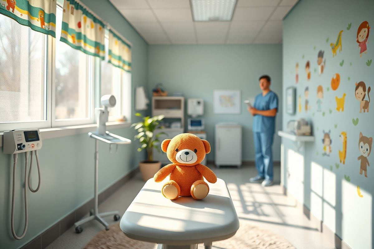 A serene and inviting pediatric examination room, bathed in soft, natural light filtering through large windows adorned with playful, colorful curtains. The focus is on a cheerful, plush toy sitting on a small exam table, surrounded by medical instruments neatly arranged in the background. On the walls, cheerful, whimsical illustrations of cartoon animals and healthy children engaging in playful activities add a touch of warmth and comfort to the room. A small potted plant sits in the corner, bringing a hint of greenery to the space. The floor is covered with a soft, patterned rug, creating a cozy atmosphere for young patients. In the distance, a friendly nurse is seen preparing for the next patient, exuding a sense of care and professionalism. The overall ambiance conveys a sense of safety and reassurance, making it an ideal environment for children undergoing medical procedures like tonsillectomy or adenoidectomy. The image evokes feelings of comfort and peace, emphasizing the importance of a supportive environment in pediatric healthcare.