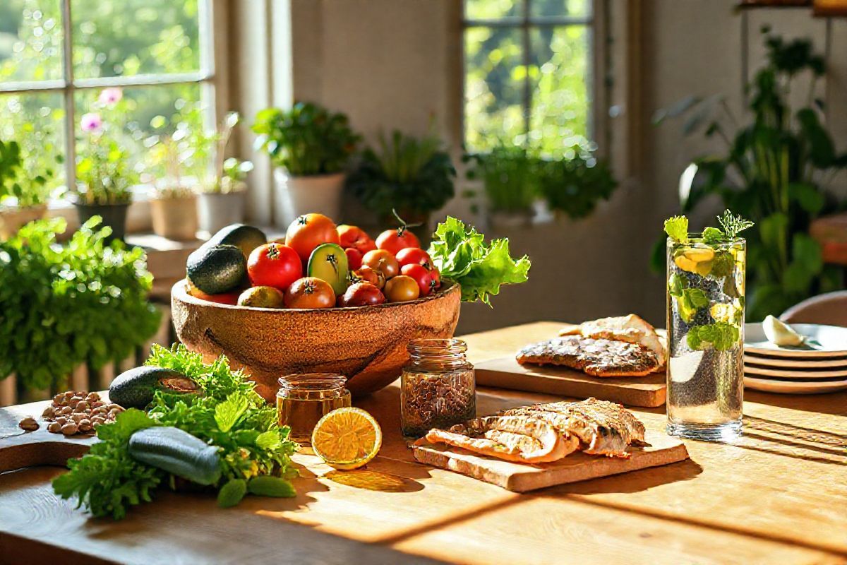 A photorealistic decorative image depicting a serene kitchen scene bathed in warm, natural light. The focal point is a wooden dining table adorned with a vibrant spread of fresh, healthy foods. In the center, a large, rustic bowl overflows with colorful fruits—ripe avocados, plump tomatoes, and bright green leafy vegetables, symbolizing a balanced diet. Surrounding the bowl are small glass jars filled with nuts, seeds, and olive oil, emphasizing healthy fats. A cutting board to the side displays slices of whole-grain bread and an assortment of lean proteins, like grilled chicken and fish. In the background, a window reveals a lush garden filled with various herbs and vegetables, connecting the indoor space to nature. A few ceramic plates are neatly stacked on the side, alongside a glass of water infused with lemon slices and mint leaves, highlighting hydration. Soft shadows and reflections enhance the textures of the wood and food, creating an inviting atmosphere that evokes a sense of wellness and nutritional abundance, perfectly complementing the themes of health and dietary management discussed in the text.