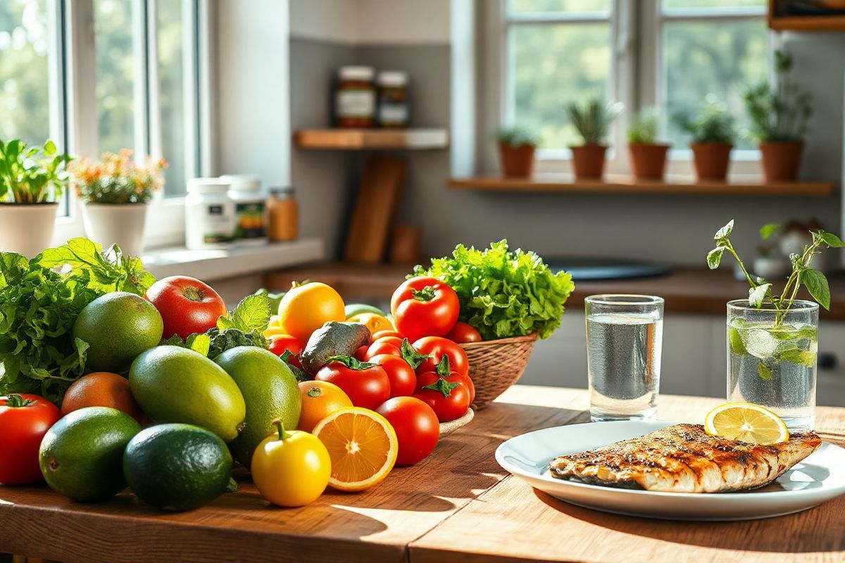 A photorealistic image captures a serene kitchen scene bathed in soft, natural light streaming through a large window. The focal point is a rustic wooden table adorned with a vibrant array of fresh fruits and vegetables, symbolizing a healthy diet. Juicy avocados, ripe tomatoes, and a cluster of colorful bell peppers are artfully arranged alongside a bowl of leafy greens. In the background, a small shelf displays jars of supplements, including capsules and multivitamins, emphasizing nutritional support. A glass of refreshing water with a slice of lemon sits next to a plate of grilled fish, illustrating a balanced meal rich in healthy fats and protein. The kitchen is designed with warm earth tones, complemented by potted herbs like basil and rosemary on the windowsill, adding a touch of greenery and life. The overall atmosphere exudes a sense of wellness, vitality, and the importance of good nutrition, resonating with the themes of managing Exocrine Pancreatic Insufficiency (EPI) through dietary choices and supplementation.