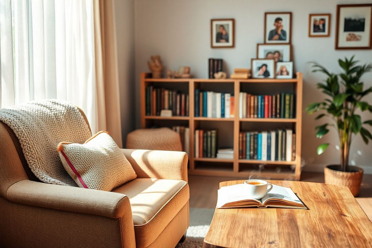 A warm, inviting living room scene bathed in soft, natural light filters through sheer curtains. In the foreground, a cozy armchair is adorned with a knitted blanket and a small, colorful pillow, symbolizing comfort and care. A wooden coffee table holds a steaming cup of tea and an open book, suggesting a moment of respite for the caregiver. In the background, a shelf filled with books on Alzheimer’s care and support is neatly arranged, reflecting the importance of knowledge and resources. A potted plant in the corner adds a touch of life and freshness to the space, while family photographs on the walls capture cherished memories, highlighting the emotional bonds that caregivers nurture. The overall atmosphere exudes warmth, support, and tranquility, creating a serene environment that resonates with the themes of love and compassion in caregiving.