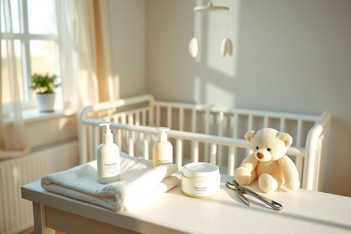 A serene, photorealistic image of a cozy, softly lit nursery featuring a changing table adorned with pastel-colored baby essentials. The table is neatly organized with gentle, natural skincare products like a mild, fragrance-free soap and a small jar of soothing cream, prominently displayed alongside a fluffy white towel. A plush, pale yellow teddy bear sits beside a pair of tiny baby nail clippers, suggesting care and tenderness. In the background, a crib with a light, airy mobile hangs above, casting gentle shadows on the walls, which are painted in a soft, soothing hue. A window with sheer curtains allows soft sunlight to filter in, illuminating a small potted plant on the windowsill, emphasizing a nurturing environment. The overall atmosphere is calm and inviting, embodying warmth and love, perfect for a newborn’s delicate skin care routine. The image evokes a sense of safety, gentleness, and the importance of maintaining a healthy, soothing space for a baby, reflecting the essence of caring for their sensitive skin.