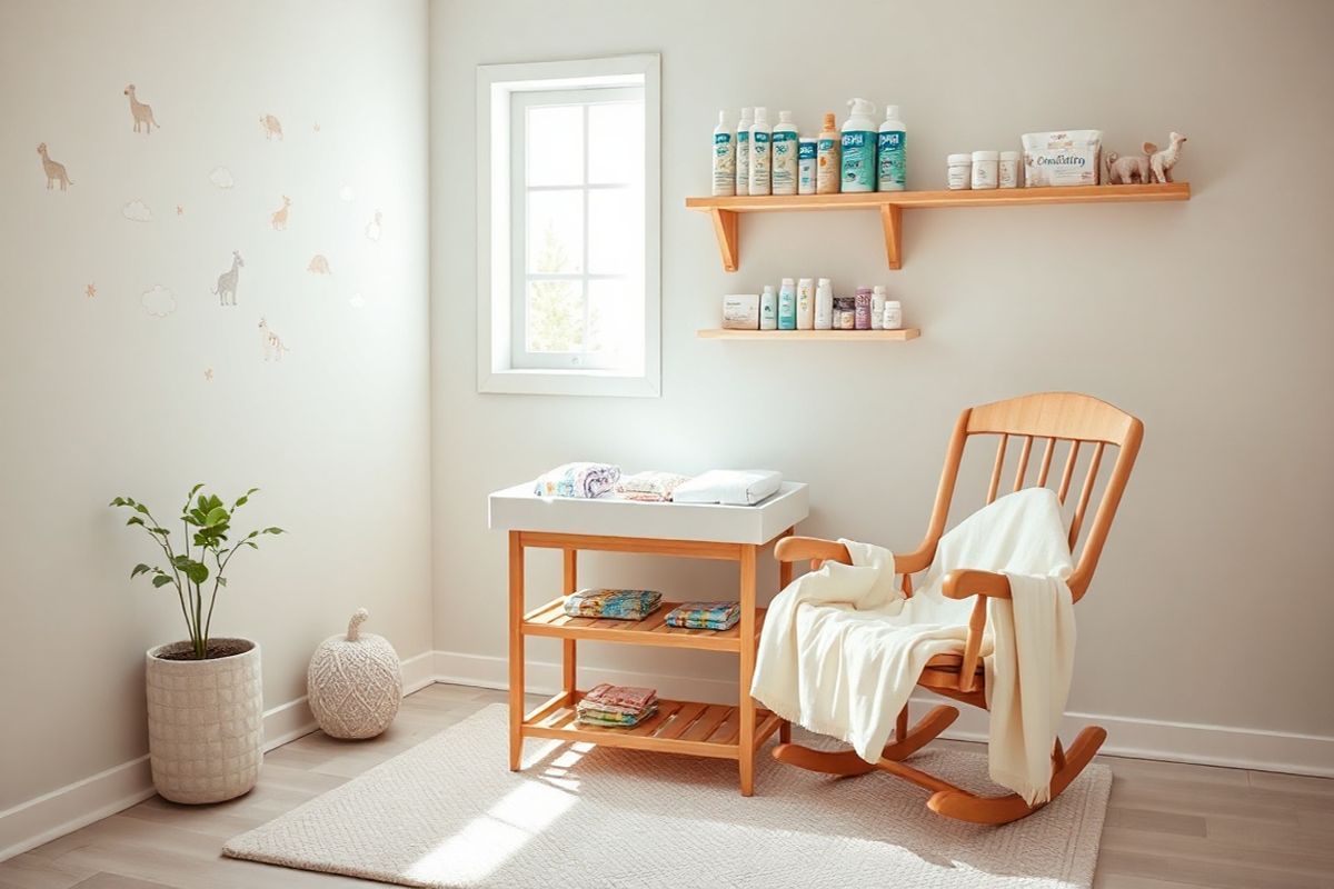 A serene and inviting nursery setting is showcased in the image, featuring a softly lit, pastel-colored room. In the center, a cozy changing table is adorned with neatly folded, colorful cloth diapers and a gentle, plush changing pad. Surrounding the table, delicate wall decorations include whimsical animal prints and soft clouds, enhancing the nurturing atmosphere. A wooden rocking chair sits nearby, draped with a lightweight, breathable blanket, inviting moments of comfort and care. A potted plant in the corner adds a touch of freshness, while a small, open window allows sunlight to stream in, illuminating the space with a warm glow. The floor is covered with a soft, textured rug, providing a cushioned area for play. On the wall above the changing table, a shelf displays an assortment of baby care products, including soothing creams and gentle wipes, all arranged aesthetically. Overall, the image conveys a sense of tranquility and attentiveness, embodying the essence of a loving environment focused on the well-being of a baby and the prevention of diaper rash.