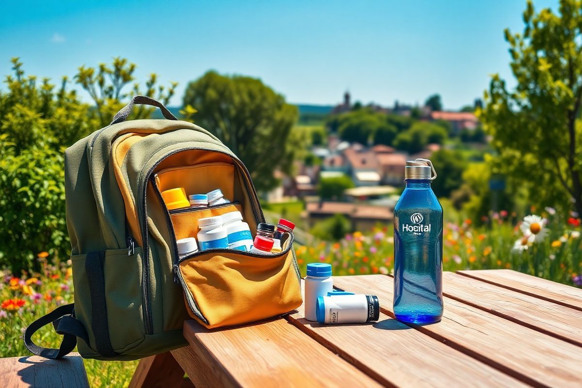 A serene travel scene unfolds in a vibrant, sunlit landscape. In the foreground, a well-organized travel backpack sits on a wooden picnic table, its zipper slightly open to reveal neatly arranged medication bottles in their original containers. Next to it, a refillable water bottle glistens, catching the light. Surrounding the table are lush green trees and colorful wildflowers, creating a sense of tranquility. In the background, a distant view of a charming town or village with quaint buildings and a clear blue sky conveys the excitement of exploring new destinations. A subtle hint of a hospital sign can be seen in the far distance, symbolizing the importance of health awareness during travel. The overall atmosphere is calm and inviting, encouraging viewers to embrace their journey while remaining mindful of their well-being. The image conveys both adventure and caution, making it an ideal visual representation for travelers managing health conditions like IBD.