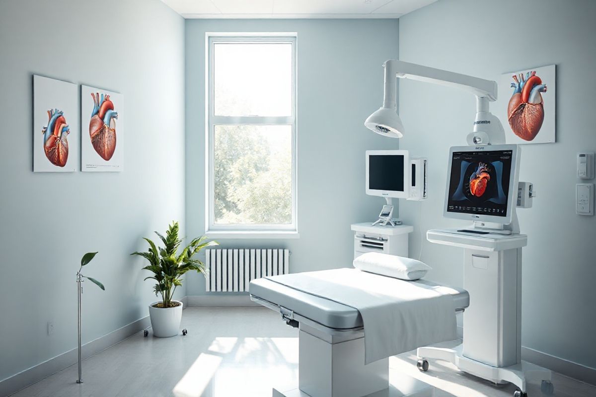 A photorealistic image depicting a serene healthcare setting, featuring a modern examination room bathed in soft, natural light. The room is adorned with calming colors, such as light blue and white, creating a tranquil atmosphere. In the foreground, a sleek examination table is neatly made up with crisp white linens, accompanied by a few heart models and anatomical charts depicting the heart and its valves displayed on the walls. To the side, a potted plant adds a touch of greenery, symbolizing growth and health. A high-tech echocardiogram machine sits ready for use, reflecting the advanced technology used in diagnosing heart valve disease. In the background, a window reveals a peaceful view of a well-maintained garden, with sunlight filtering through the leaves, enhancing the soothing ambiance of the space. This image captures the essence of hope and innovation in cardiac care, emphasizing the importance of both medical advancements and a supportive environment for patients dealing with heart valve disease.