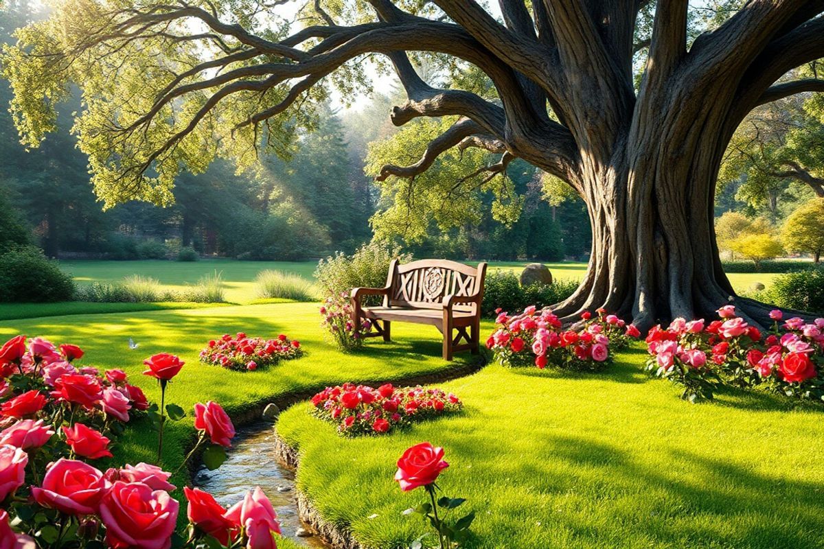 A photorealistic image depicting a serene and tranquil heart-themed garden setting. In the foreground, a beautifully manicured lawn is dotted with vibrant, heart-shaped flower beds filled with red and pink roses, symbolizing love and health. A gentle stream flows through the garden, reflecting the sunlight and creating a soothing atmosphere. In the background, a majestic oak tree stands tall, its branches offering shade. A wooden bench, intricately carved with floral designs, is positioned under the tree, inviting visitors to sit and enjoy the peaceful surroundings. Soft rays of sunlight filter through the leaves, casting dappled shadows on the ground. Delicate butterflies flit among the flowers, adding movement and life to the scene. The overall color palette is warm and inviting, with rich greens, deep reds, and soft pinks, evoking feelings of comfort and well-being. This idyllic setting represents the heart’s strength and resilience, making it a perfect visual accompaniment to the themes of heart health and wellness discussed in the article.