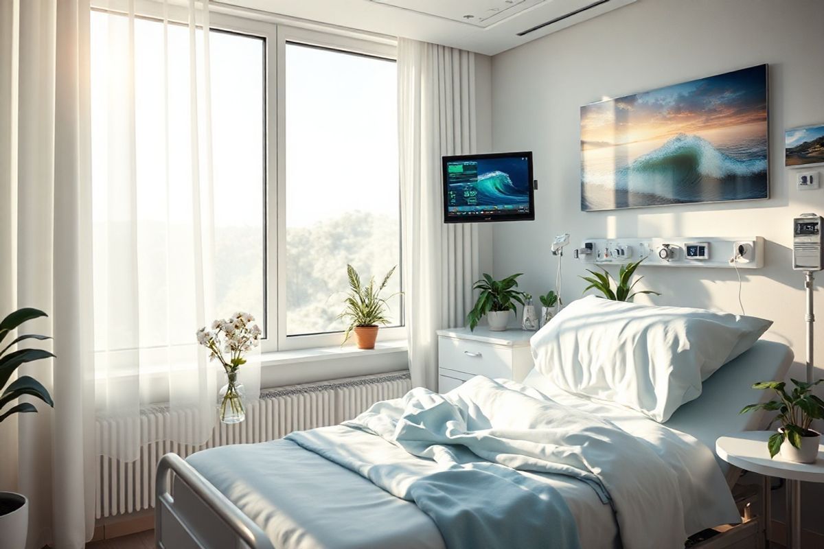 A photorealistic image depicts a serene and calming scene of a sunlit hospital room, designed to evoke a sense of hope and healing for individuals living with hemophilia. The room features large windows with soft, sheer curtains that gently flutter in the breeze, allowing warm sunlight to fill the space. A neatly made hospital bed is positioned near the window, adorned with crisp white linens and a cozy, light blue blanket. On a bedside table, there are fresh flowers in a glass vase, adding a touch of life and color to the environment.   In the background, a wall-mounted monitor displays various health metrics, subtly indicating the medical context without overwhelming the viewer. The room is decorated with inspiring artwork, showcasing nature scenes, such as tranquil landscapes or gentle waves, which create a soothing atmosphere. Potted plants are placed strategically around the room, contributing to a sense of vitality and comfort. The overall color palette is soft and inviting, with shades of blue, green, and white, promoting a peaceful ambiance that encourages relaxation and recovery for those coping with the challenges of hemophilia.