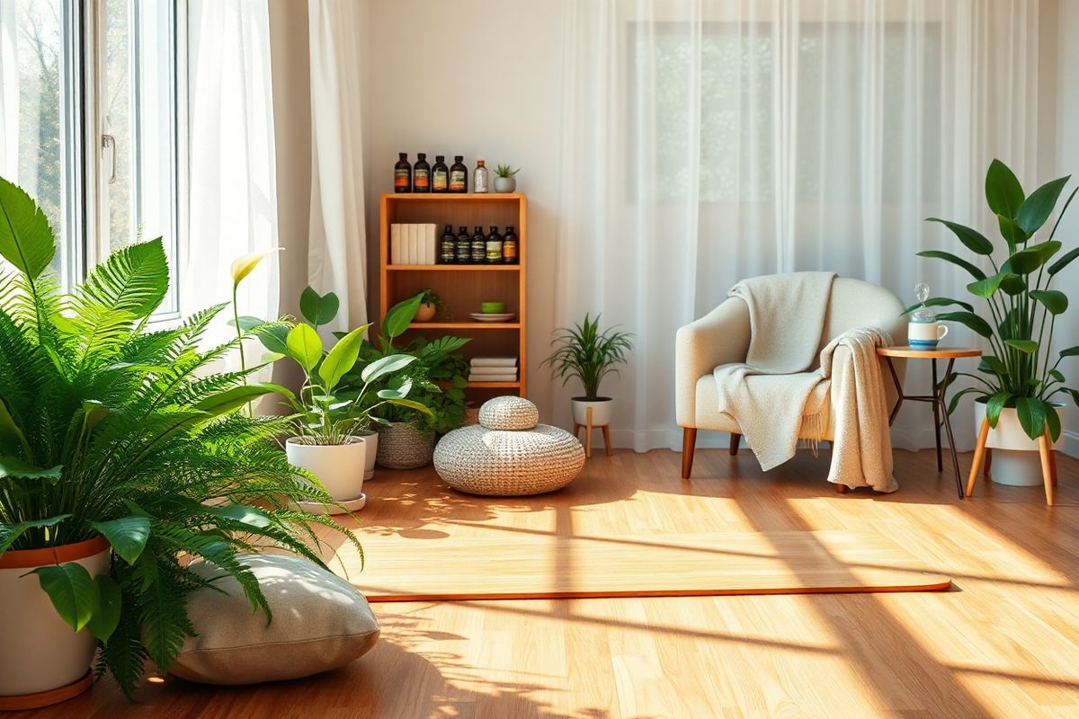 A serene and inviting scene unfolds in a sunlit room designed for relaxation and wellness, reminiscent of a tranquil therapy space. The focal point is a beautifully arranged indoor garden, featuring lush green potted plants such as ferns and peace lilies, known for their air-purifying qualities. A wooden yoga mat lies neatly on the polished hardwood floor, with a pair of soft, plush cushions nearby, inviting meditation or gentle stretching. A large window allows natural light to flood in, illuminating the space with a warm glow, while sheer curtains flutter softly in the breeze.  In the background, a small wooden shelf displays an assortment of herbal supplements and dietary bottles, hinting at natural remedies that complement health and well-being. A cozy corner is adorned with a plush armchair, draped with a soft blanket, and a small side table holding a steaming cup of herbal tea. The overall atmosphere exudes peace and balance, encouraging a sense of calm and wellness—ideal for those seeking relief from the challenges of Parkinson’s disease.