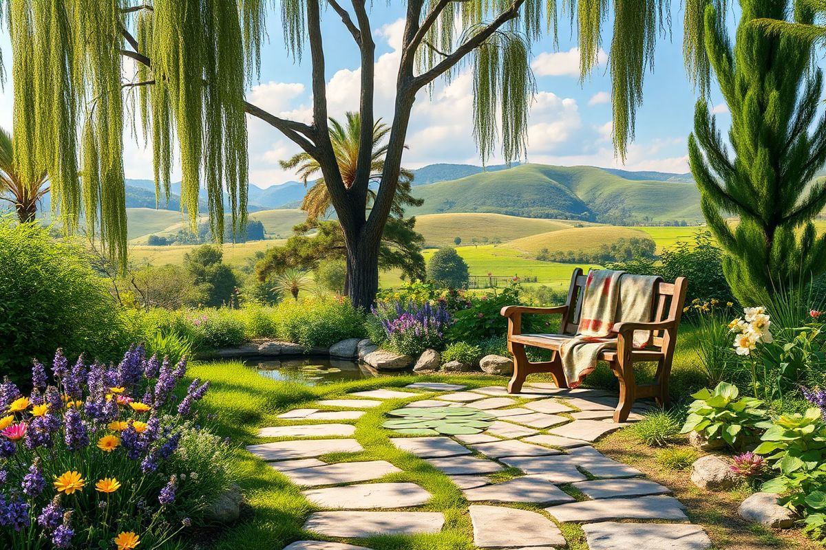 A serene, photorealistic image captures a tranquil garden scene designed for meditation and reflection, symbolizing hope and resilience in the face of Parkinson’s disease. In the foreground, a beautifully arranged stone pathway winds through lush greenery, bordered by vibrant flowers in shades of lavender, yellow, and soft pink. Tall, graceful trees provide dappled sunlight, casting gentle shadows on the ground. A small, clear pond reflects the surrounding nature, with lily pads floating serenely on the surface. Nearby, a weathered wooden bench sits invitingly, adorned with a soft, colorful throw blanket, suggesting a peaceful resting place for contemplation. In the background, gentle hills roll beneath a soft blue sky, dotted with fluffy white clouds, evoking a sense of calm and tranquility. The scene is imbued with a warm, golden light, enhancing the natural beauty and creating an atmosphere of comfort and healing—perfectly complementing the themes of natural remedies and holistic approaches to managing Parkinson’s disease.