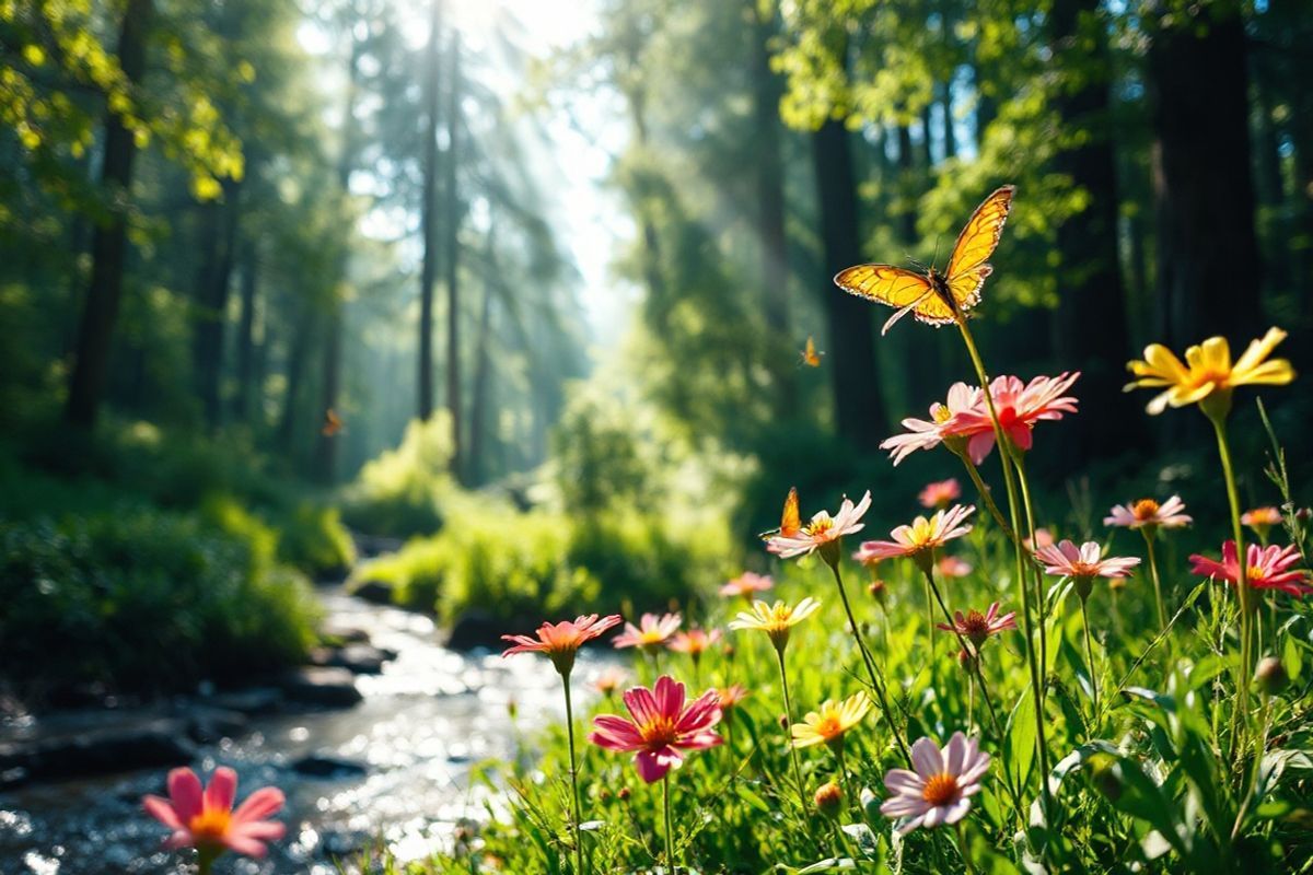 A serene and visually striking photorealistic image showcases a tranquil setting in a lush, sun-drenched forest. The foreground features a close-up of vibrant wildflowers in full bloom, their petals glistening with morning dew, evoking a sense of renewal and healing. In the background, a gentle stream flows, reflecting the dappled sunlight filtering through the canopy of tall, majestic trees. The rich greens of the foliage contrast beautifully with the delicate colors of the flowers, creating a harmonious balance that symbolizes tranquility and wellness. Soft, ethereal light filters through the leaves, casting a warm glow that enhances the peaceful ambiance of the scene. A few butterflies flutter gracefully among the flowers, adding a touch of life and movement to the image. This serene natural environment embodies themes of healing and hope, making it an ideal visual companion to the discussion of Pemgarda and its therapeutic benefits for managing inflammation and autoimmune disorders. The overall composition invites the viewer to pause and reflect, evoking feelings of calmness and the beauty of nature’s restorative power.