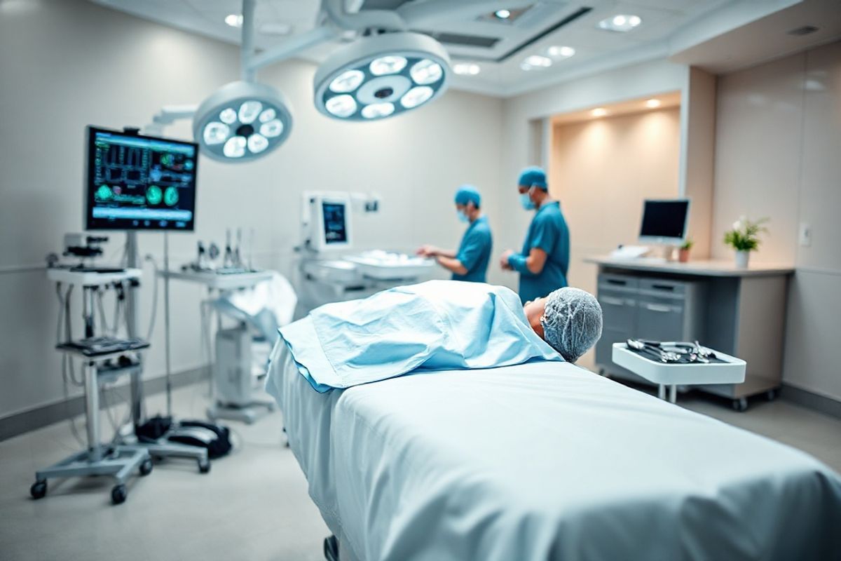 A photorealistic image depicting a serene surgical environment, with a focus on a well-lit operating room. The foreground features a sleek, modern surgical table with crisp white linens, where a patient lies peacefully under a gentle blue surgical drape. Surrounding the table are advanced medical equipment, including monitors displaying vital signs and an array of surgical instruments neatly arranged in sterile trays. The walls are painted in calming light colors, and soft overhead lights illuminate the space, enhancing the sterile yet warm atmosphere. In the background, a team of attentive healthcare professionals in surgical scrubs and masks collaborate, showcasing their dedication and focus. The composition emphasizes the importance of precision and care in surgical procedures, capturing the essence of Rystiggo’s role in providing effective muscle relaxation during operations. A subtle hint of greenery, such as a small potted plant on a nearby counter, adds a touch of life to the otherwise clinical setting, symbolizing hope and healing in the journey of patients with Myasthenia Gravis.