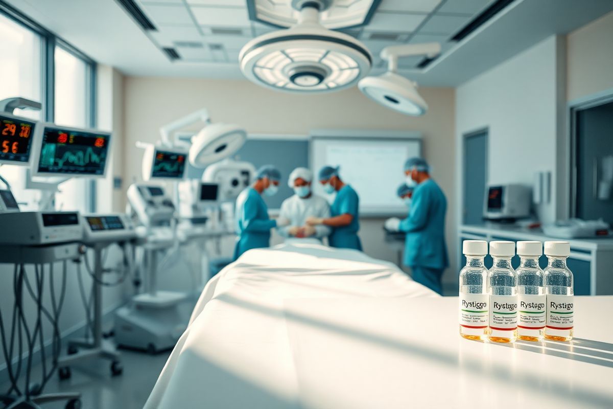 A serene surgical room bathed in soft, ambient light, featuring a sleek operating table at the center, draped in crisp white linens. Surrounding the table are state-of-the-art medical equipment and monitors, displaying vital signs in vibrant colors, reflecting the high-tech environment. In the background, a team of focused medical professionals dressed in sterile scrubs and masks work collaboratively, their expressions serious yet compassionate as they prepare for a procedure. The walls are painted in soothing pastel shades, enhancing the calm atmosphere, while large windows allow natural light to filter in, creating a sense of tranquility. On a nearby counter, vials of Rystiggo are neatly arranged, glistening under the light, emphasizing their importance in the surgical process. The scene conveys a sense of precision, care, and the critical nature of neuromuscular management, embodying the essence of advanced medical practice and the hope of healing for patients with Myasthenia Gravis.