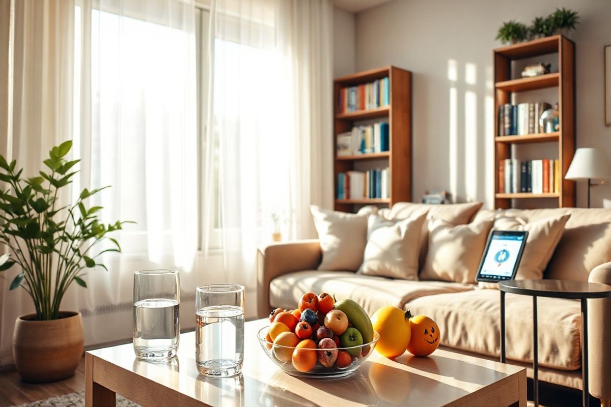 A photorealistic image depicting a serene and inviting home environment that emphasizes health and wellness. The scene features a cozy living room bathed in warm, natural light streaming through large windows adorned with sheer white curtains. In the foreground, a beautifully arranged coffee table holds a selection of colorful, fresh fruits and a glass of water, symbolizing hydration and nutrition. To the side, a potted plant adds a touch of greenery, enhancing the atmosphere of tranquility.   In the background, a bookshelf showcases various health and wellness literature, subtly indicating a focus on informed health choices. A comfortable sofa, covered with soft, inviting cushions, invites relaxation, while a small side table holds a tablet displaying a medical app, suggesting the importance of staying connected with healthcare providers. The overall color palette consists of soft earth tones, creating a calming effect, while the arrangement of elements conveys a harmonious balance between comfort and health awareness, reflecting the significance of managing medication and lifestyle choices effectively.