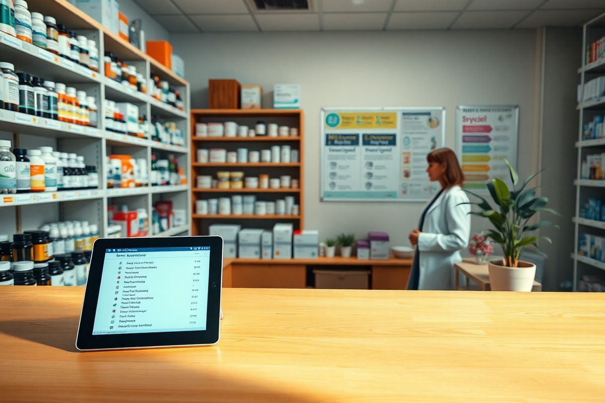 A photorealistic image showcasing a serene and well-organized pharmacy setting is envisioned. The scene is filled with neatly arranged shelves stocked with various bottles of medications, supplements, and boxes of medical supplies. Soft, warm lighting casts a gentle glow, enhancing the inviting atmosphere. A wooden counter in the foreground features a modern tablet displaying a list of medications, symbolizing the importance of managing drug interactions. In the background, a pharmacist, dressed in a white lab coat, is attentively consulting with a patient, creating a sense of trust and communication. A wall-mounted bulletin board displays colorful infographics about medication safety and awareness, while a potted plant adds a touch of greenery, promoting a healing environment. The overall composition emphasizes the significance of patient-provider relationships and the meticulous care that goes into medication management, reflecting the themes of awareness and safety in the context of Sprycel drug interactions.