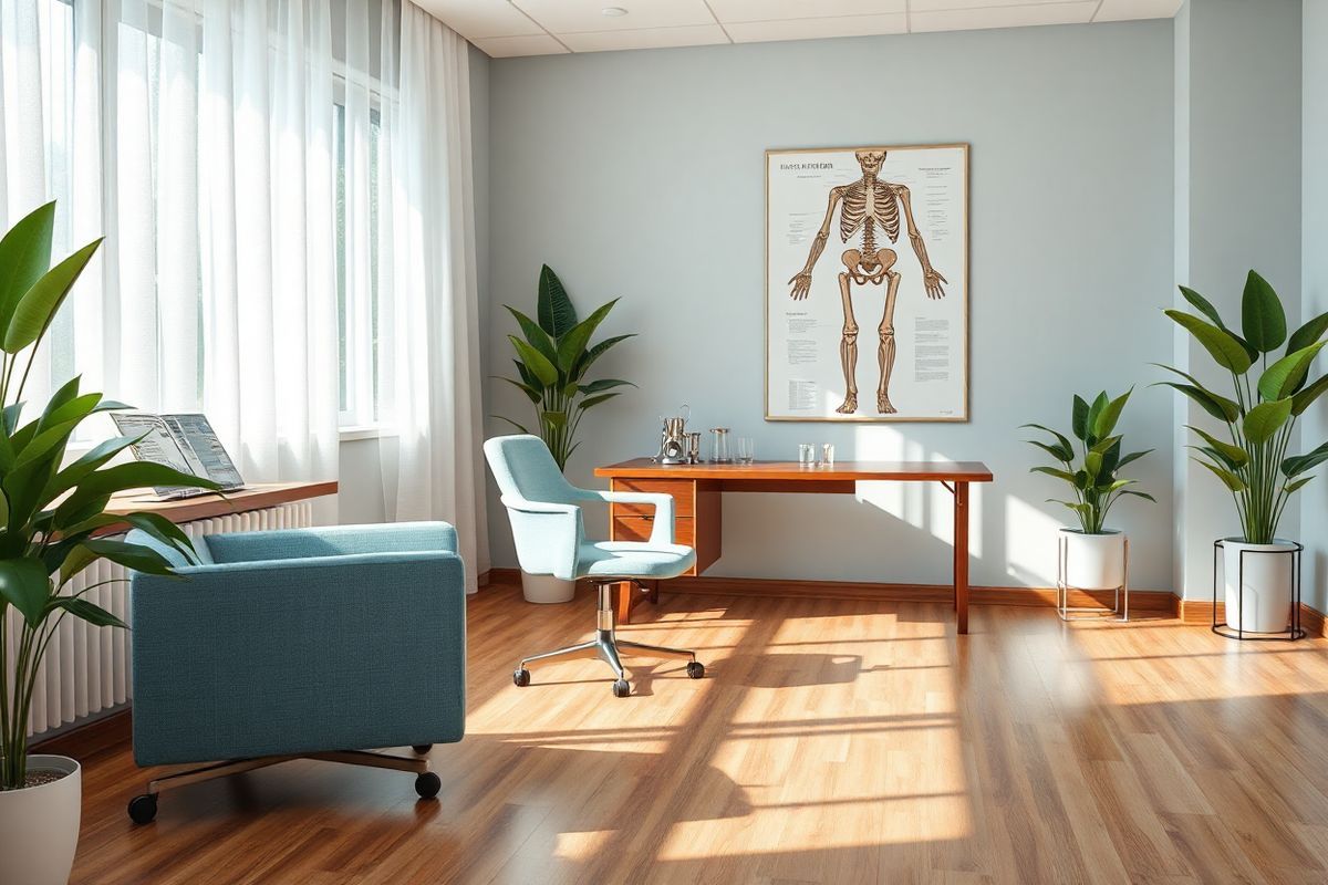 A photorealistic image of a serene and inviting medical consultation room. The room features soft, natural lighting streaming through large windows adorned with sheer white curtains, casting gentle shadows on the polished wooden floor. In the foreground, a comfortable examination chair upholstered in light blue fabric is positioned near a sleek wooden desk, which is neatly organized with a few medical pamphlets and a stethoscope. A large anatomical poster of the human skeletal system hangs on the wall, providing educational context without overwhelming the space. Potted green plants in the corners add a touch of warmth and life, enhancing the room’s calming atmosphere. On a side table, a small water pitcher and two glasses reflect a commitment to patient comfort and care. The overall color palette of soft blues, greens, and warm wood tones creates a peaceful environment, encouraging a feeling of trust and reassurance for patients considering surgical interventions for rheumatoid arthritis. This image captures the essence of a welcoming healthcare setting, emphasizing the importance of patient-centered care and the journey towards improved joint health.