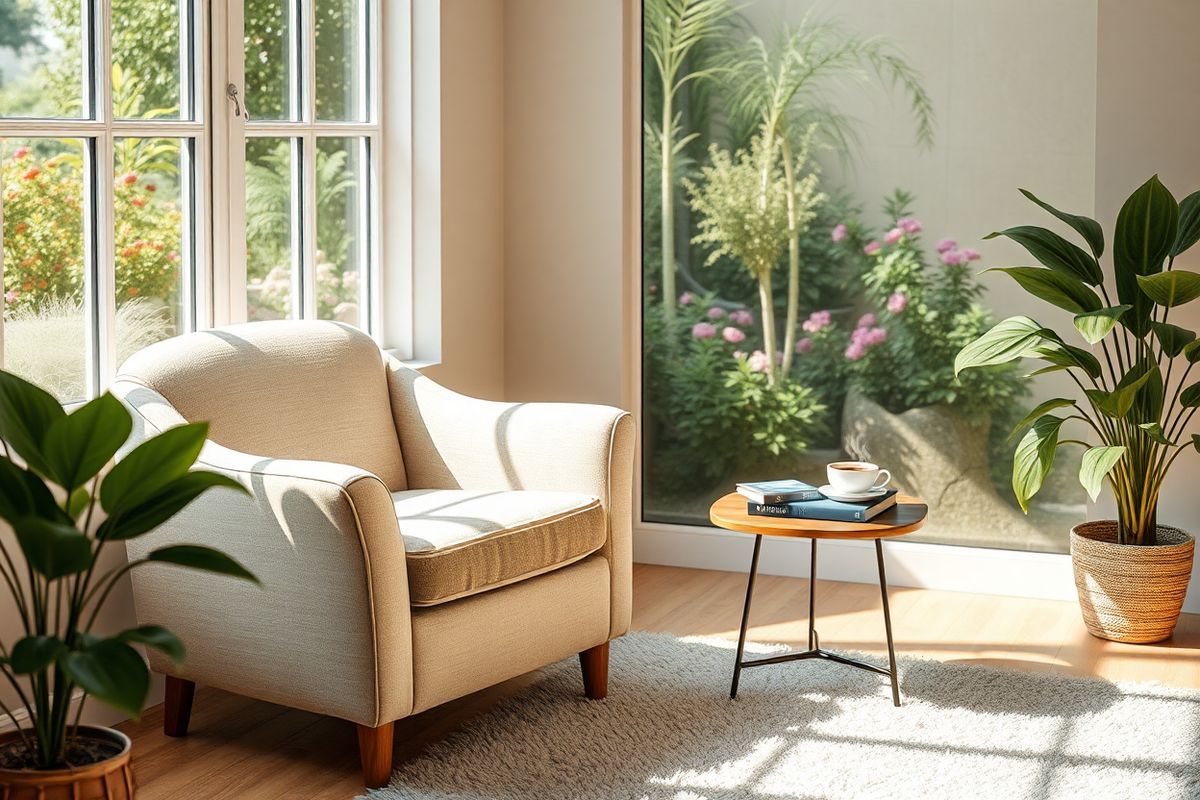 A photorealistic decorative image featuring a serene, sunlit room designed for relaxation and healing. The focal point is a cozy, plush armchair upholstered in soft, muted colors, positioned by a large window that allows natural light to flood in. Outside the window, a lush garden is visible, filled with vibrant flowers and greenery, creating a tranquil backdrop. On a nearby side table, a steaming cup of herbal tea rests next to a small stack of books about wellness and self-care. The floor is adorned with a soft, textured rug that adds warmth to the space. In the corner, a potted plant with large, leafy greens brings a touch of nature indoors. The overall atmosphere exudes calmness and comfort, inviting viewers to imagine a peaceful escape from the challenges of daily life, embodying the theme of coping with the impacts of rheumatoid arthritis. The soft lighting and harmonious color palette evoke feelings of serenity and support, making it an ideal companion to the narrative of managing chronic pain and enhancing quality of life.