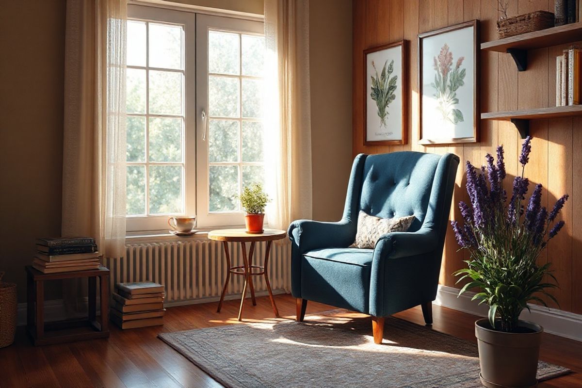 A serene, photorealistic image of a cozy, softly lit study room filled with warm, earthy tones. In the center, a comfortable armchair upholstered in a rich, deep blue fabric faces a large window where soft sunlight streams in, casting gentle shadows across the room. A small wooden side table holds a steaming cup of herbal tea, beside a stack of well-worn books on health and wellness. On the wall, there are framed botanical prints depicting various herbs known for their soothing properties. A plush area rug with a subtle pattern adds warmth to the hardwood floor, while a potted lavender plant sits in the corner, its vibrant purple blossoms bringing a touch of nature indoors. The overall atmosphere is calm and inviting, perfect for relaxation and reflection, evoking a sense of tranquility and comfort that resonates with the themes of health and wellness discussed in the accompanying text about migraines and aphasia.