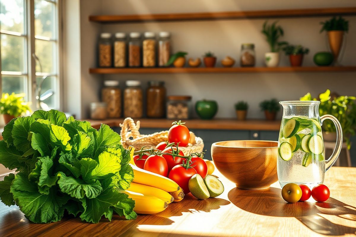 A photorealistic image depicting a serene and inviting kitchen setting, where a wooden table is elegantly set with an array of fresh, colorful fruits and vegetables. The table features vibrant green leafy kale, bright bananas, and ruby-red tomatoes, all arranged artfully to showcase their natural beauty. Sunlight streams through a large window, casting warm, golden rays that illuminate the scene and create soft shadows on the table. In the background, shelves lined with jars of nuts and seeds add a rustic charm, while potted herbs like basil and rosemary provide a touch of greenery. A glass pitcher filled with refreshing water infused with slices of lemon and cucumber sits alongside a wooden bowl, symbolizing hydration and health. The overall atmosphere exudes a sense of calm and wellness, inviting viewers to embrace a lifestyle of wholesome eating and heart-healthy choices. This image captures the essence of balance and nourishment, making it an ideal visual representation of the connection between healthy eating habits and heart health.