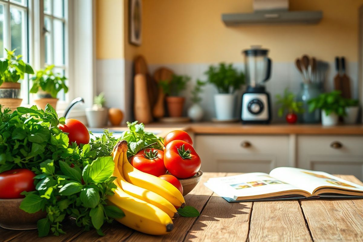 A serene and inviting kitchen scene, bathed in soft, natural light streaming through a large window. In the foreground, a rustic wooden table is adorned with an assortment of fresh fruits and vegetables, showcasing vibrant colors—deep greens, bright reds, and sunny yellows. A bowl of ripe bananas, a cluster of glossy red tomatoes, and leafy greens create a sense of abundance and health. In the background, a well-organized countertop features a sleek blender and various kitchen utensils, hinting at a commitment to healthy cooking. Potted herbs, such as basil and rosemary, flourish on the windowsill, adding a touch of freshness and life to the atmosphere. The walls are painted in warm, inviting tones, and an open cookbook with a colorful recipe displayed can be seen partially in view, suggesting the preparation of a nutritious meal. This image captures the essence of a healthy lifestyle, embodying the themes of balanced nutrition and wellness, making it a perfect visual accompaniment to discussions about heart health and weight management.