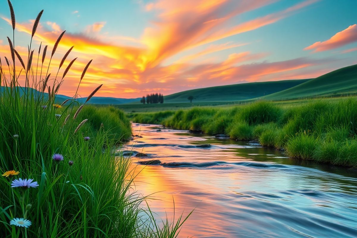 A serene and calming scene depicting a tranquil nature setting that embodies peace and relaxation. The foreground features a gently flowing stream, reflecting the soft hues of a sunset sky, with vibrant orange and pink clouds blending seamlessly into a deep blue. Lush green foliage surrounds the stream, with tall grasses swaying gently in the breeze. Interspersed among the greenery are wildflowers in shades of purple, yellow, and white, adding a splash of color and life to the scene. In the background, softly rolling hills create a sense of depth, while a few distant trees stand silhouetted against the warm glow of the setting sun. The overall atmosphere is tranquil and soothing, inviting viewers to escape into this peaceful landscape, reminiscent of a calming retreat from the stresses of daily life. The image captures the essence of relaxation and well-being, making it an ideal visual representation for themes related to managing stress and finding inner peace, particularly in the context of individuals coping with tinnitus and its impact on daily life.