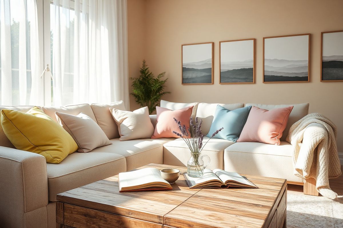 A serene and inviting scene captures a cozy living room bathed in soft, natural light filtering through large windows adorned with sheer white curtains. The room features a plush, light-colored sofa with an array of colorful throw pillows in soothing pastel hues, inviting relaxation. A coffee table made of reclaimed wood sits in the center, adorned with an open book, a steaming cup of herbal tea, and a small vase holding fresh lavender sprigs, symbolizing calmness and tranquility. In the background, a potted fern adds a touch of greenery, enhancing the sense of freshness and life. The walls are painted in a soft, warm beige, complemented by a few framed art pieces depicting abstract landscapes that evoke feelings of peace. A cozy throw blanket is casually draped over one arm of the sofa, suggesting comfort and warmth. The overall aesthetic is one of peaceful refuge, promoting a sense of well-being and relaxation, ideal for a space where one might reflect on personal health journeys or seek solace during challenging times.