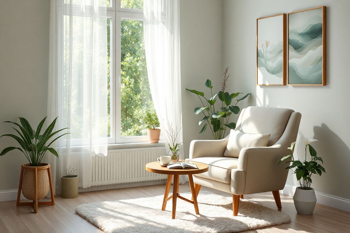 A serene, photorealistic image of a softly lit room designed for relaxation and healing. In the foreground, a comfortable, plush armchair in a muted pastel color invites the viewer to sit and unwind. Beside it, a small wooden side table holds a steaming cup of herbal tea and an open book, symbolizing tranquility and self-care. In the background, a large window reveals a lush green garden outside, with sunlight filtering through delicate sheer curtains, casting gentle shadows across the floor. Potted plants, such as ferns and peace lilies, are strategically placed around the room, adding a touch of nature and freshness. The walls are adorned with calming artwork featuring abstract representations of waves and clouds, evoking a sense of peace. A soft, fluffy rug lies beneath the chair, enhancing the cozy atmosphere. The overall color palette consists of soothing greens, soft blues, and warm neutrals, creating an inviting space that conveys comfort, healing, and a refuge from stress—ideal for individuals managing chronic conditions like fibromyalgia in the context of a post-COVID-19 world.