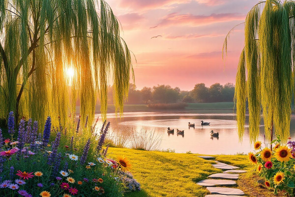 A serene landscape depicting a tranquil garden at sunrise, bathed in soft, golden light. In the foreground, a variety of vibrant flowers, including lavender, daisies, and sunflowers, create a colorful tapestry. A gentle breeze rustles the leaves of a nearby willow tree, its long, cascading branches providing a sense of calm and serenity. A small stone path winds through the garden, inviting viewers to meander and explore the peaceful surroundings. In the background, a tranquil pond reflects the brilliant colors of the sky, where soft pink and orange hues blend seamlessly. A few ducks glide gracefully across the water’s surface, adding a touch of life to the scene. The air is filled with the fragrance of blooming flowers and the sound of chirping birds, creating an atmosphere of relaxation and mindfulness. This idyllic setting embodies the essence of stress relief and natural beauty, making it a perfect visual representation of effective stress management techniques for individuals managing chronic urticaria.