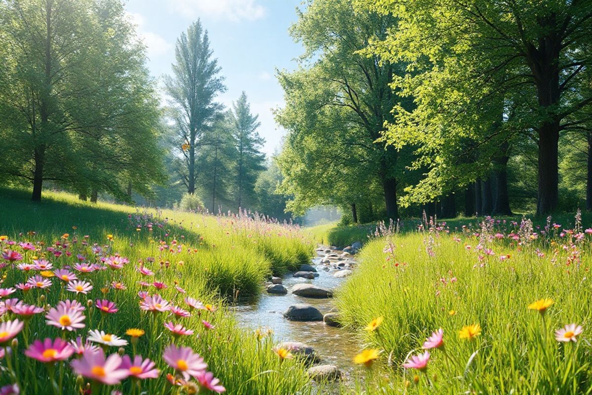 A serene image depicting a tranquil nature scene that embodies calmness and relaxation would perfectly complement the discussion of chronic urticaria and stress management. The foreground features a peaceful meadow adorned with vibrant wildflowers in various colors—pinks, yellows, and purples—gently swaying in a light breeze. In the background, tall, lush green trees provide a sense of shelter, with sunlight filtering through the leaves, creating dappled patterns on the ground. A small, clear stream flows through the scene, its sparkling water reflecting the blue sky above, while smooth river stones line the banks.   To enhance the sense of tranquility, a soft mist hovers above the water’s surface, and delicate butterflies flutter among the flowers, adding a touch of life and movement. The overall color palette is soft and soothing, incorporating pastel tones and gentle contrasts to evoke feelings of peace and relaxation. This serene landscape symbolizes the importance of nature in stress reduction and healing, making it an ideal visual representation of the themes discussed in the article.