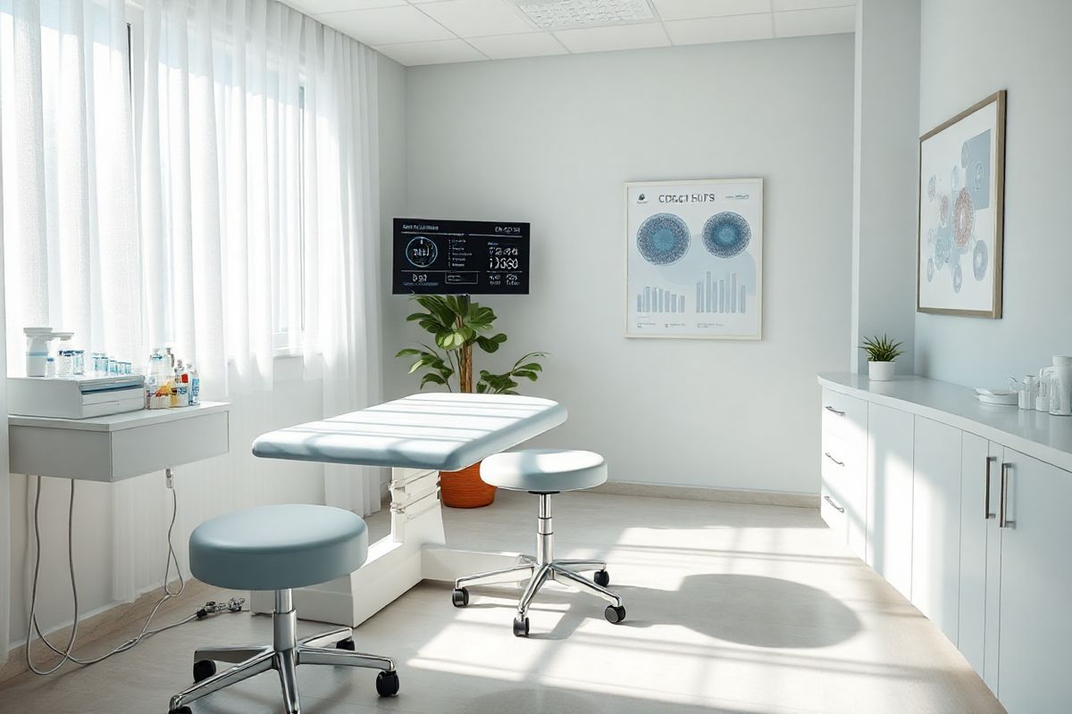 A photorealistic image depicting a serene and clean medical clinic room, bathed in soft, natural light that filters through large windows adorned with sheer white curtains. The room features a crisp white examination table with a plush, light blue cover, accompanied by a sleek, modern rolling stool. On one side, a well-organized counter displays assorted medical supplies such as syringes, vials, and antiseptic wipes, all neatly arranged. A digital monitor showing health statistics is mounted on the wall, with a focus on CD4 count indicators. In the background, a potted green plant adds a touch of life and warmth to the clinical environment, symbolizing hope and health. The walls are painted in calming pastel colors, enhancing the overall atmosphere of cleanliness and tranquility. A framed poster on the wall showcases abstract representations of the immune system at work, subtly hinting at the importance of health monitoring without being overt. The image evokes a sense of safety, care, and professionalism, making it an ideal visual complement to the topic of HIV management and the prevention of opportunistic infections.