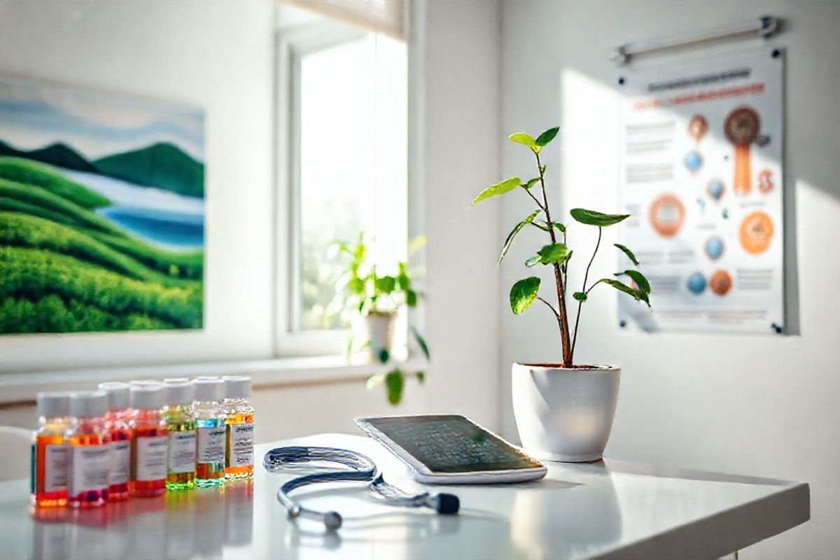 A photorealistic decorative image features a serene, softly lit clinical environment that conveys a sense of hope and health. In the foreground, a well-organized medical workstation displays various medical supplies—colorful vials of antiretroviral therapy medications, a stethoscope, and a digital tablet showing health data. The background reveals a bright and inviting examination room with clean white walls adorned with calming nature-themed artwork, such as a lush green landscape or a tranquil ocean scene, symbolizing renewal and vitality. A potted plant with vibrant green leaves sits on the windowsill, basking in natural sunlight that streams through the window, suggesting life and growth. On a nearby wall, a poster subtly illustrates the immune system’s function, with artistic representations of CD4 T-cells and other immune responses, but without any text. The overall atmosphere exudes a sense of positivity, resilience, and the importance of continuous care and monitoring for individuals living with HIV, evoking feelings of safety and encouragement in the battle against opportunistic infections.