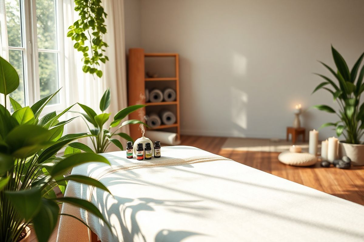 A serene and inviting scene unfolds in a softly lit wellness room, adorned with lush green plants that breathe life into the space. In the foreground, a comfortable massage table is draped with a gentle, textured white linen, exuding warmth and tranquility. Surrounding the table are various essential oil bottles, their colorful labels hinting at calming scents like lavender and eucalyptus, alongside a small aromatic diffuser releasing delicate wisps of steam.   To the side, a window reveals a glimpse of nature, with sunlight filtering through sheer curtains, casting soft shadows onto the wooden floor. On a nearby shelf, yoga mats are neatly rolled up, suggesting a peaceful practice awaits. A collection of stones and crystals, each radiating an aura of calm energy, adds an element of mindfulness to the space.   In the background, a cozy corner features a meditation cushion and a few candles flickering gently, creating an ambiance of relaxation. This photorealistic image encapsulates the essence of complementary therapies, harmonizing elements of aromatherapy, massage, and meditation, inviting viewers into a world of holistic healing and well-being.