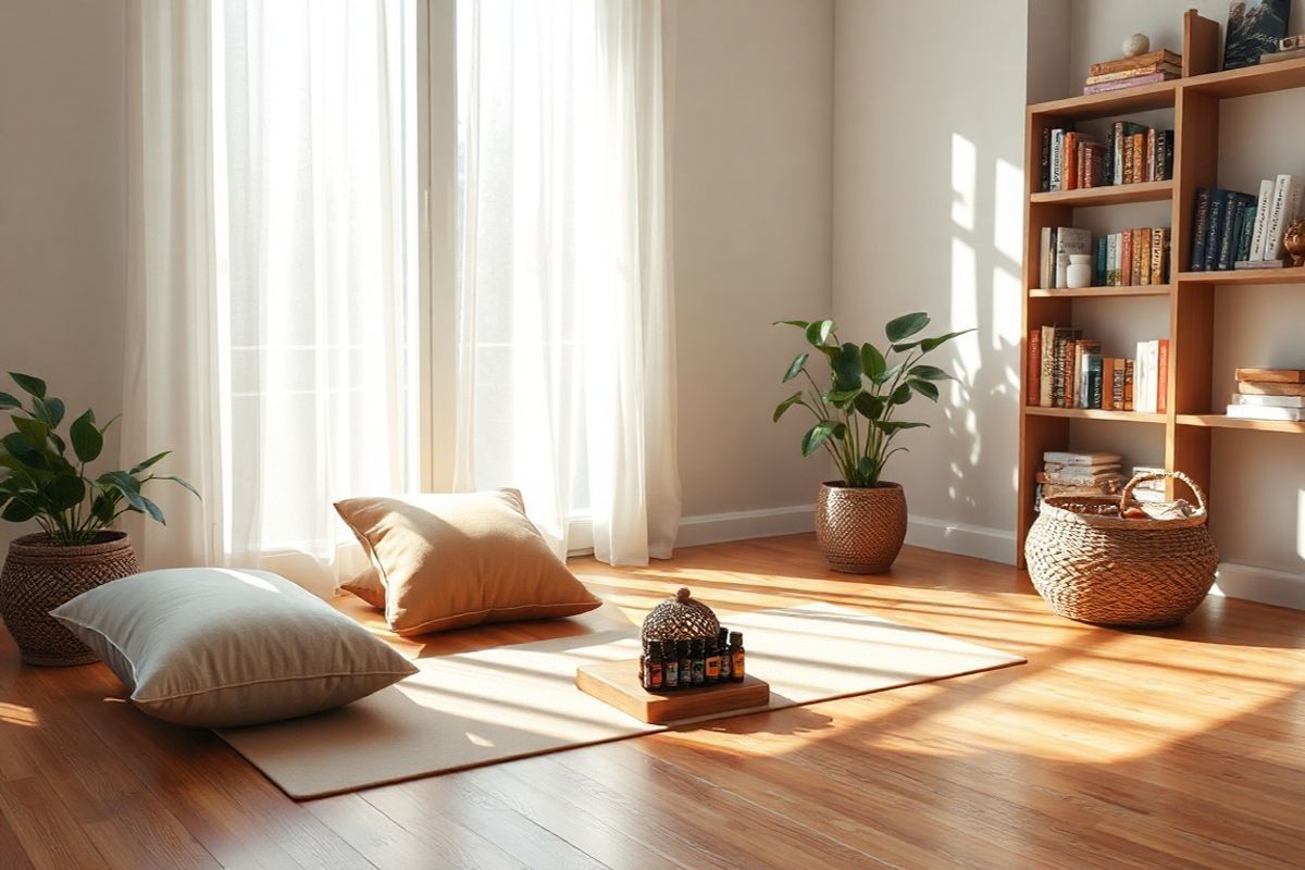 A serene and inviting space is depicted in the image, showcasing a cozy room designed for relaxation and healing. Soft, natural light filters through large windows adorned with sheer white curtains, casting gentle shadows on the warm wooden floor. In the center, a comfortable yoga mat is laid out, accompanied by a few plush cushions in calming earth tones. A small, elegantly crafted wooden table holds a diffuser emitting a delicate mist of essential oils, while a collection of vibrant essential oil bottles is artistically arranged nearby.   On one side, a potted plant with lush green leaves adds a touch of nature, symbolizing growth and renewal. The walls are painted in soft pastel shades, enhancing the feeling of tranquility. A corner features an intricately woven basket filled with yoga props, such as blocks and a strap, inviting participation in mindful practices.   In the background, shelves display a selection of books on meditation and holistic health, creating a sense of knowledge and exploration. The overall atmosphere is one of peace and harmony, making it an ideal setting for individuals seeking complementary therapies to support their wellness journey.