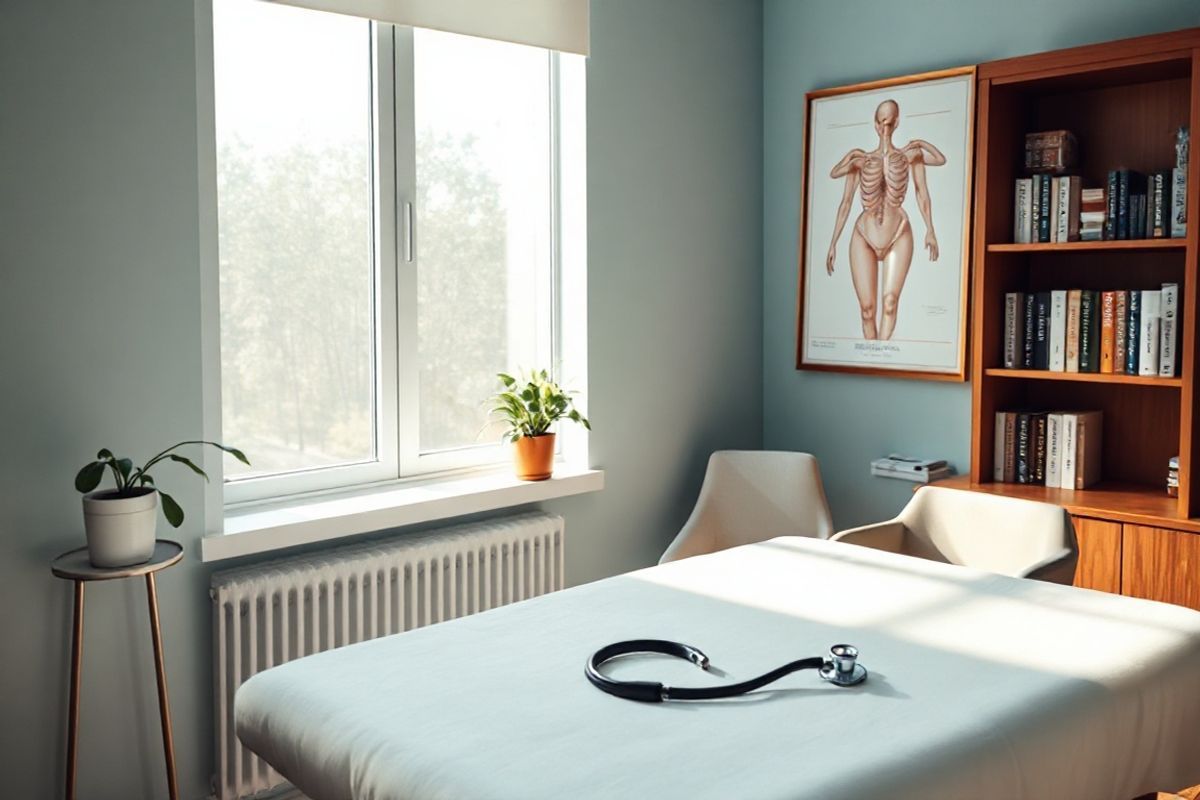 A serene and inviting scene unfolds in a softly lit, cozy doctor’s office, featuring a plush examination table adorned with a crisp white sheet. In the background, a large window allows gentle sunlight to stream in, illuminating a potted plant on the windowsill, symbolizing growth and healing. On a nearby wall, a beautifully framed anatomical poster of the female reproductive system is prominently displayed, emphasizing the focus on women’s health. The room is tastefully decorated with calming colors—soft blues and greens—creating a tranquil atmosphere. A wooden bookshelf holds an array of medical textbooks and resources, suggesting a wealth of knowledge accessible to patients. A stethoscope rests on the edge of a sleek wooden desk, subtly hinting at the importance of medical attention. In the corner, a comfortable chair invites patients to sit and discuss their concerns, reinforcing the supportive environment. Overall, the image captures the essence of care, comfort, and professionalism, perfectly complementing the discussion about recognizing symptoms and seeking medical evaluation for ovarian cysts.