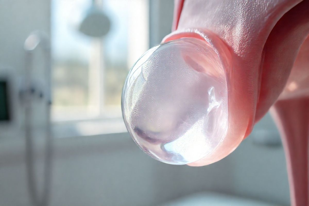 A serene and photorealistic image of a close-up view of an ovarian cyst in a medical setting, showcasing the intricate details of the cyst’s fluid-filled sac. The image should depict a clear, translucent cyst with a soft, glistening surface, surrounded by delicate ovarian tissue that reveals subtle textures and colors ranging from pale pink to soft lavender. The background should be softly blurred, featuring muted tones of a clinical environment, such as a sterile examination room with faintly visible medical instruments. Soft, natural light filters through a nearby window, casting gentle shadows that enhance the three-dimensional quality of the cyst. The scene conveys a sense of calm and curiosity, inviting viewers to explore the complexities of ovarian health while emphasizing the natural beauty found in biological structures.