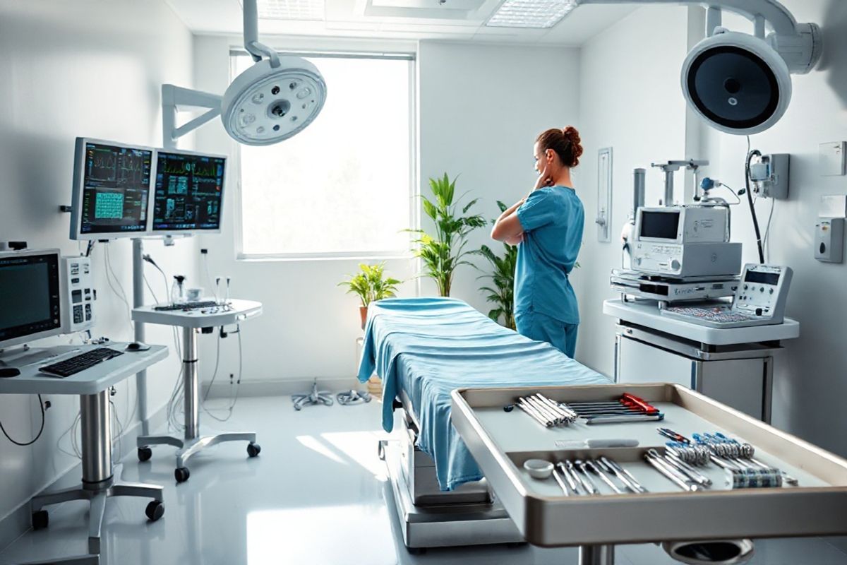 A photorealistic image captures a serene and inviting hospital operating room, meticulously arranged to convey a sense of calm and professionalism. The room is bathed in soft, natural light streaming through a large window, illuminating the pristine white walls and gleaming stainless steel equipment. In the center, a modern surgical table is draped with crisp, light blue sheets, ready for a procedure. Surrounding the table are various high-tech monitors displaying vital signs, and on one side, an anesthesiology workstation showcases an array of anesthetic agents and advanced machinery, reflecting the latest medical advancements.   A neatly organized tray of surgical instruments glistens under the gentle light, emphasizing the preparation and precision required in the operating room. In the background, a scrub nurse is seen adjusting her surgical cap, exuding professionalism and readiness. Potted plants in the corner add a touch of warmth and vibrancy to the sterile environment, enhancing the overall atmosphere of care and safety. This image encapsulates the essence of modern anesthesiology and the crucial role it plays in providing comfort and pain relief during medical procedures.