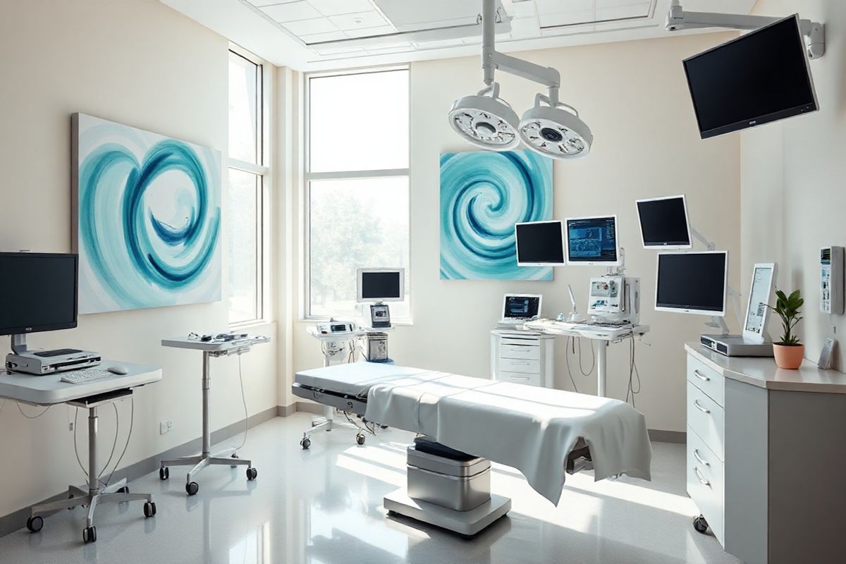 A serene operating room is depicted, bathed in soft, natural light streaming through large windows. The focal point is a sleek, modern surgical table, elegantly draped with crisp white linens. Surrounding the table are advanced medical equipment and monitors, showcasing a blend of high-tech machinery and traditional surgical tools, all meticulously organized. The walls are painted in calming pastel hues, promoting a sense of tranquility and safety. A large, abstract painting hangs on one wall, featuring gentle swirls of blue and green, evoking a sense of healing and relaxation. On a nearby counter, a small potted plant adds a touch of life and color to the sterile environment. The overall atmosphere is one of warmth and professionalism, conveying the crucial role of anesthesia in modern medicine, while highlighting the care and precision involved in surgical procedures. The image captures the essence of a safe and comforting space, inviting viewers to appreciate the advancements in medical science that allow patients to undergo surgeries pain-free.