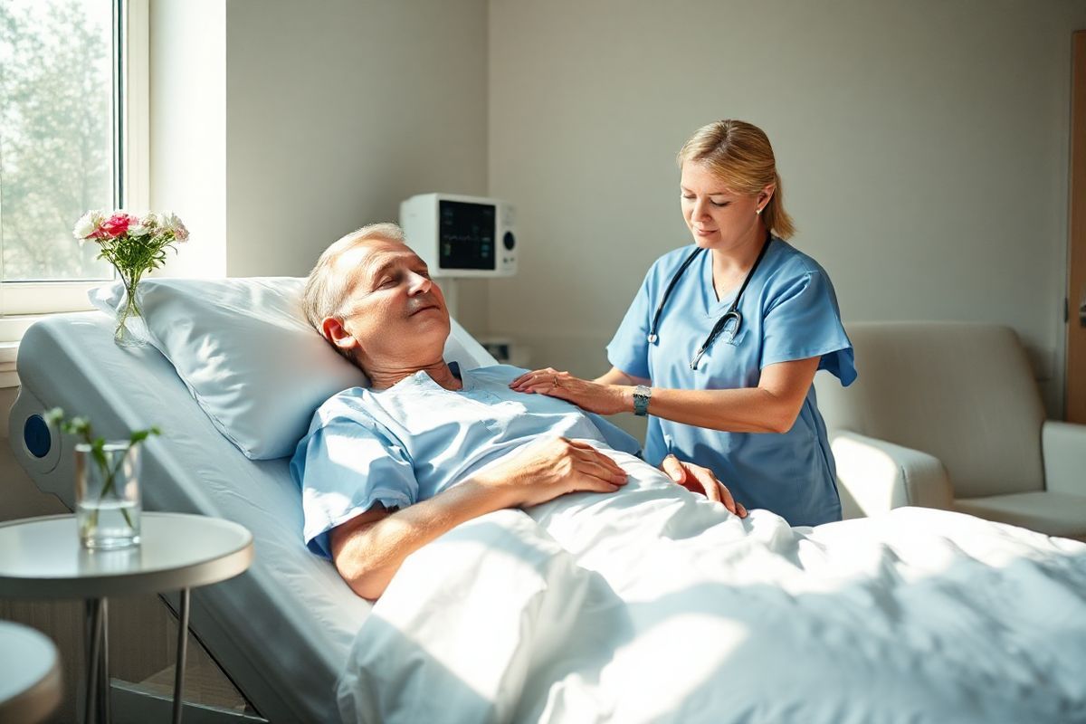 A serene post-operative scene unfolds in a softly lit hospital room, showcasing a patient resting comfortably in a hospital bed. The patient, a middle-aged person with a relaxed expression, has a light blue surgical gown on and a small bandage on their neck, indicating the recent thyroid lobectomy. Sunlight streams through a nearby window, illuminating the room with a warm glow. On the bedside table, a glass of water and a small vase of fresh flowers add a touch of color and life to the sterile environment. A nurse is gently checking the patient’s vitals, her expression calm and reassuring. In the background, a digital monitor softly beeps, displaying stable readings. The walls are painted in soft pastel shades, promoting a sense of tranquility. A plush chair is positioned next to the bed, inviting family members to sit and provide comfort. This image captures the essence of recovery and care, highlighting the importance of a supportive healing environment after surgery.