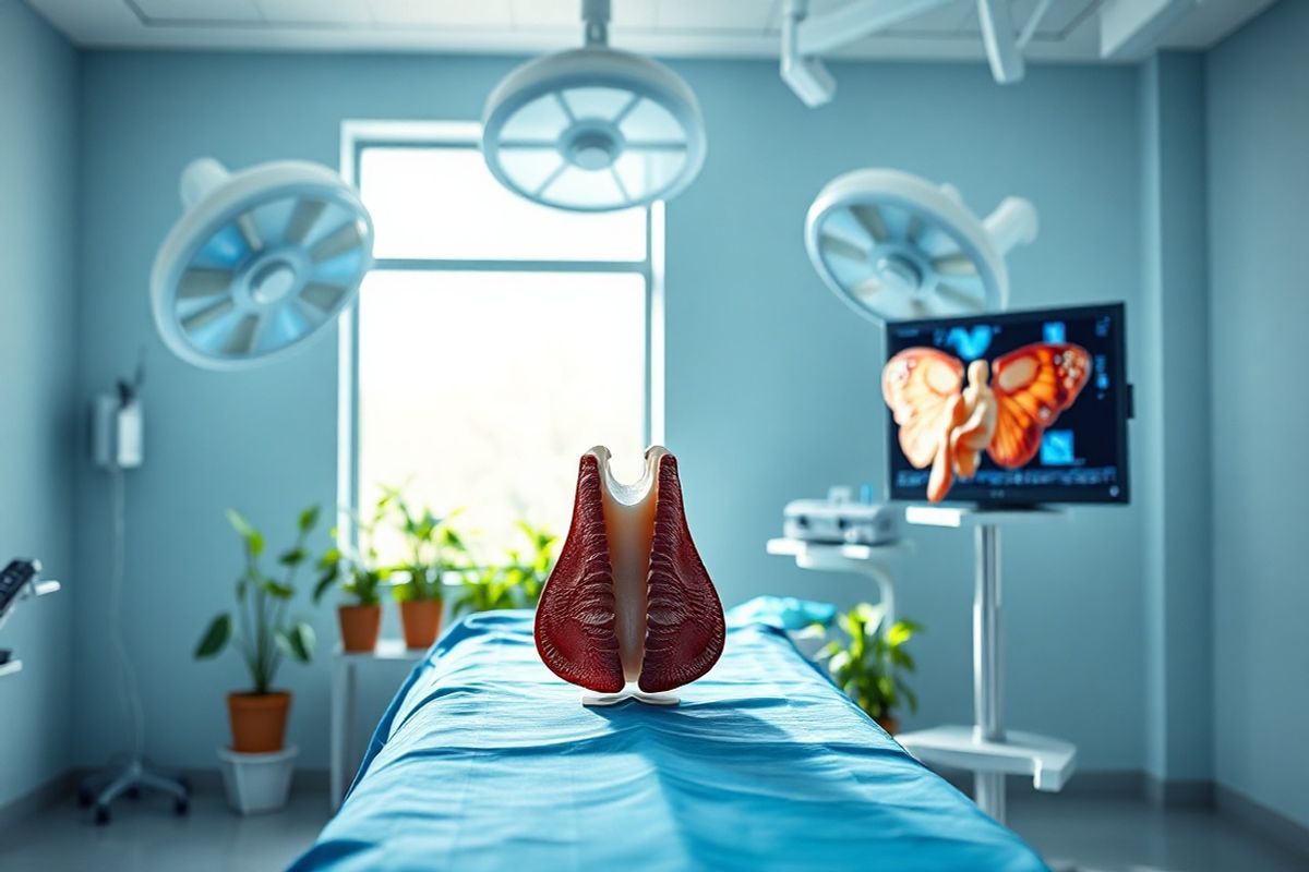 A photorealistic decorative image features a serene setting in a well-lit, modern operating room. The focal point is a neatly arranged surgical table with a sterile blue drape and surgical instruments glistening under bright overhead lights. In the background, a large window allows soft, natural light to flood the room, creating a calming atmosphere. On one side, a highly detailed anatomical model of the thyroid gland is displayed on a sleek stand, showcasing its butterfly shape and intricate details. Surrounding the model are potted green plants, symbolizing healing and vitality. The walls are painted in a soothing light blue tone, enhancing the tranquil environment. Surgical monitors display clear, colorful images, hinting at advanced technology used in the procedure. The overall composition conveys a sense of professionalism, cleanliness, and hope, reflecting the importance of thyroid surgery and the care taken by healthcare professionals.