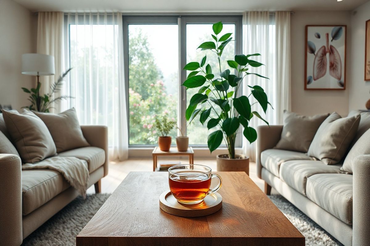 A serene and inviting living room setting is depicted, showcasing a beautifully arranged space that emphasizes relaxation and wellness. In the foreground, a stylish coffee table made of natural wood holds a steaming cup of herbal tea, symbolizing health and comfort. Surrounding the table, plush, neutral-toned sofas are adorned with soft, textured cushions, inviting one to sit and unwind. A large, leafy indoor plant adds a touch of nature, symbolizing vitality and fresh air, which aligns with the theme of respiratory health.   The background features a large window with sheer curtains that allow soft, natural light to flood the room, creating a warm atmosphere. Outside the window, a view of a tranquil garden filled with blooming flowers and greenery enhances the feeling of peace. On the walls, subtle artwork depicting abstract representations of lungs and airways subtly ties into the theme of respiratory wellness without being overt. The overall color palette is calming, with soft greens, blues, and earthy tones, creating a photorealistic environment that promotes relaxation and a healthy lifestyle, perfect for individuals mindful of their respiratory health while managing their Trelegy Ellipta therapy.