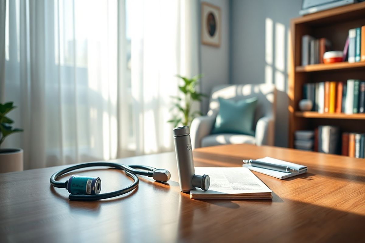 A photorealistic image depicting a serene and inviting healthcare setting. The foreground features a polished wooden table with a neatly arranged set of medical supplies, including an inhaler (Trelegy Ellipta) prominently displayed alongside a stethoscope, a pill bottle, and a notepad with a pen. Soft sunlight filters through a window adorned with sheer curtains, casting gentle shadows and creating a warm ambiance. In the background, a cozy seating area includes a comfortable chair and a small plant, adding a touch of greenery to the scene. On a nearby shelf, a collection of medical textbooks and reference materials can be seen, emphasizing the importance of knowledge in managing health. The overall color palette combines soft blues and earthy tones, promoting a sense of calm and reassurance, ideal for patients seeking information on drug interactions and treatment options. This image encapsulates the essence of patient care and the thoughtful consideration of medication management in a tranquil healthcare environment.