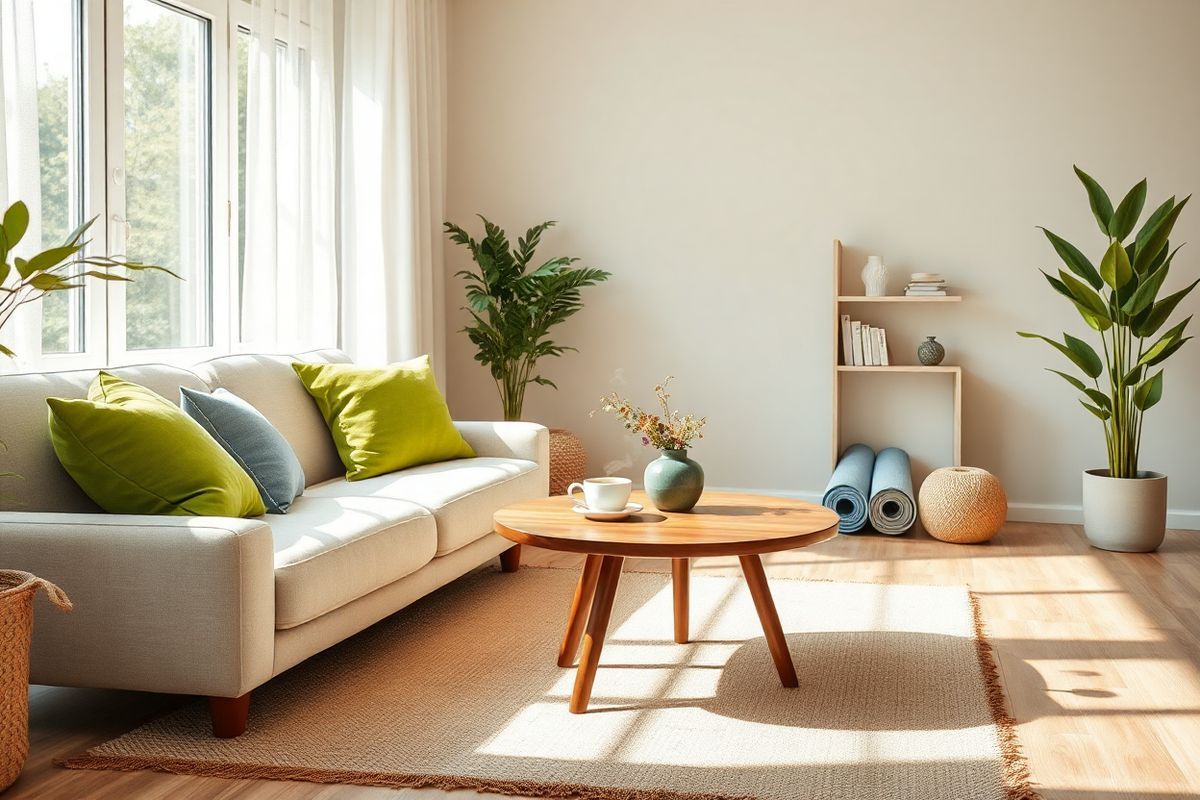 A serene indoor scene featuring a cozy living room bathed in soft, natural light. In the foreground, a plush, light beige sofa adorned with vibrant throw pillows in shades of green and blue invites relaxation. A delicate, handwoven area rug in earthy tones lies beneath a sleek, wooden coffee table topped with a small potted plant and a steaming cup of herbal tea. To the side, a tall, leafy indoor plant adds a touch of nature, symbolizing rejuvenation and health. The walls are painted in calming pastel hues, enhancing the tranquil atmosphere. Large windows draped with sheer curtains allow sunlight to filter in, creating a warm and inviting ambiance. In the background, a pair of yoga mats is rolled up neatly, hinting at a commitment to wellness and balance. A small bookshelf filled with wellness literature and decorative items completes the scene, promoting a lifestyle of mindfulness and holistic recovery. The overall composition emphasizes harmony and calm, making it an ideal visual representation of lifestyle changes that support recovery from balance disorders.