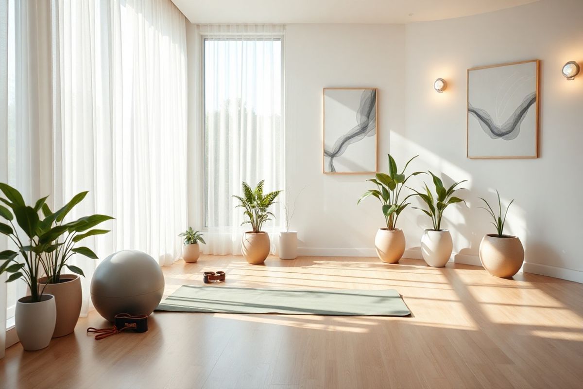 A serene and photorealistic image capturing a tranquil, sunlit indoor space designed for balance and calmness. The room features large windows allowing soft, natural light to flood in, illuminating a minimalist décor with soothing pastel colors. In one corner, a comfortable yoga mat is laid out on a polished wooden floor, accompanied by a set of balance props like a stability ball and resistance bands. Potted plants with lush green foliage are strategically placed around the room, enhancing the sense of vitality and connection to nature. A gentle breeze rustles through sheer curtains, creating a peaceful atmosphere. The walls are adorned with abstract art that evokes a sense of movement, subtly nodding to the theme of balance. In the background, a small water fountain softly trickles, adding a calming auditory element, while soft, ambient lighting fixtures create a warm glow, inviting relaxation and mindfulness. This harmonious setting embodies the essence of balance and wellness, making it an ideal visual representation for the topic of balance disorders and their treatment.