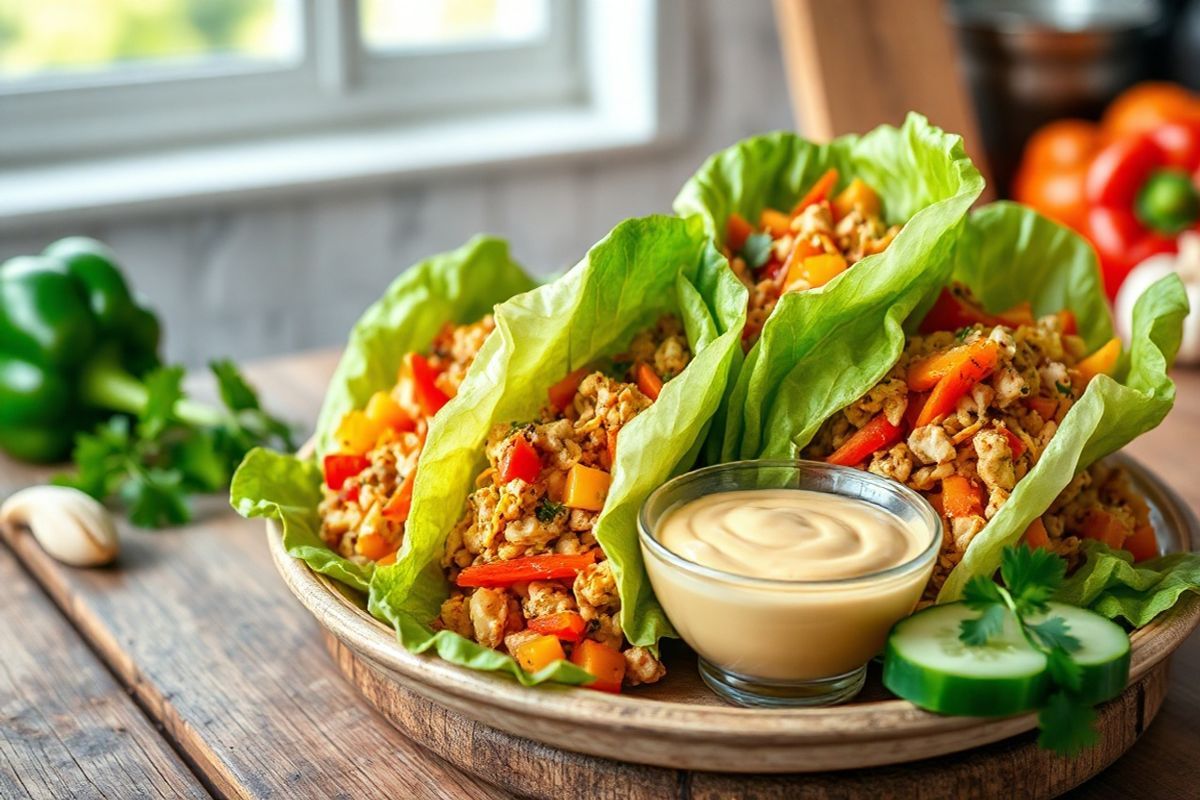 A beautifully arranged plate of vibrant chicken lettuce wraps sits on a rustic wooden table. The wraps, made from crisp Romaine leaves, are generously filled with a colorful mixture of sautéed ground chicken, diced bell peppers in shades of red and yellow, and shredded orange carrots. A small bowl of creamy sunflower butter sauce, drizzled in a delicate swirl, is placed beside the wraps, inviting dipping. Fresh cucumber slices, garnished with sprigs of bright green cilantro, add an extra layer of color and freshness to the presentation. The background features a softly blurred kitchen setting with natural light streaming in, enhancing the fresh, healthy appeal of the meal. A few whole bell peppers and a small clove of garlic can be seen in the background, emphasizing the wholesome ingredients used. The overall composition radiates a sense of health, vibrancy, and deliciousness, perfect for showcasing the concept of guilt-free eating.