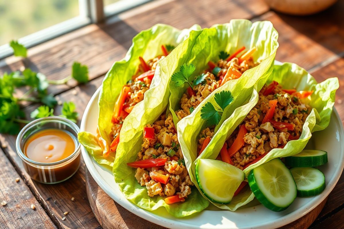 A vibrant, photorealistic image showcasing a beautifully arranged plate of chicken lettuce wraps is depicted. The wraps are made with crisp Romaine lettuce leaves, filled generously with sautéed ground chicken, diced bell peppers, and shredded carrots, all glistening with a light sheen of sunflower butter sauce. Fresh cucumber slices are artfully placed on the side, adding a refreshing touch. The plate is garnished with sprigs of bright green cilantro and a wedge of lime, enhancing the visual appeal. The background features a rustic wooden table, softly lit by natural sunlight streaming in, highlighting the textures of the ingredients. The colors are vivid, showcasing the rich golden browns of the chicken, the vibrant reds and yellows of the peppers, and the fresh greens of the lettuce, creating a mouthwatering and inviting presentation. A small bowl of extra sunflower butter sauce sits nearby, ready for drizzling, while a few scattered sesame seeds and a sprinkle of chili flakes add a touch of elegance and spice to the scene. The overall composition is warm and inviting, emphasizing the freshness and healthiness of this delicious meal option.