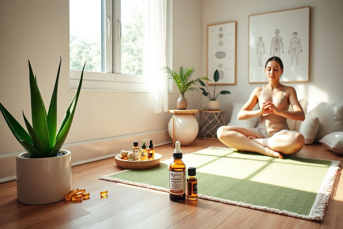 A serene and calming scene depicting a sunlit room filled with natural elements, where a soft, plush yoga mat lies on a wooden floor. In one corner, a potted aloe vera plant thrives, symbolizing natural healing. Next to it, a small table features an assortment of colorful dietary supplements, including vibrant probiotics in clear capsules and omega-3 oil bottles. A window allows gentle rays of sunlight to stream in, illuminating the space and creating a warm atmosphere. Nearby, a peaceful individual practices meditation, seated in a comfortable position with closed eyes, surrounded by soft cushions and a faint aroma of essential oils wafting from a diffuser. The background shows delicate artwork depicting acupuncture points, enhancing the ambiance of holistic health. Soft, natural colors like greens, browns, and whites dominate the image, evoking a sense of tranquility and well-being. This inviting space embodies the essence of complementary therapies, promoting relaxation and emotional health for those navigating the challenges of ulcerative colitis.