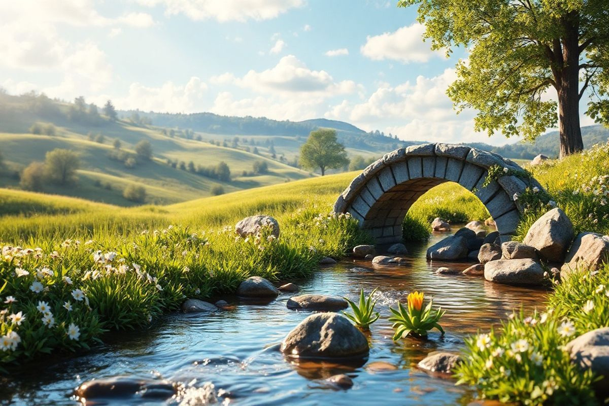 A photorealistic image depicting a serene, tranquil setting that conveys a sense of calm and healing. In the foreground, a gently flowing stream reflects sunlight, surrounded by lush green foliage and delicate wildflowers in soft pastel colors. On one side, a small, intricately designed stone bridge arches over the water, symbolizing the journey through health challenges. In the background, a peaceful landscape unfolds with rolling hills, dotted with trees and a soft, blue sky scattered with fluffy white clouds. The scene is bathed in warm, golden light, creating an inviting atmosphere that represents hope and wellness. Subtle hints of herbal plants, like aloe vera and turmeric, are strategically placed among the stones near the water, emphasizing the theme of natural remedies. The overall composition evokes feelings of tranquility, balance, and the importance of nurturing both the body and mind, aligning perfectly with the themes of ulcerative colitis management and complementary therapies.