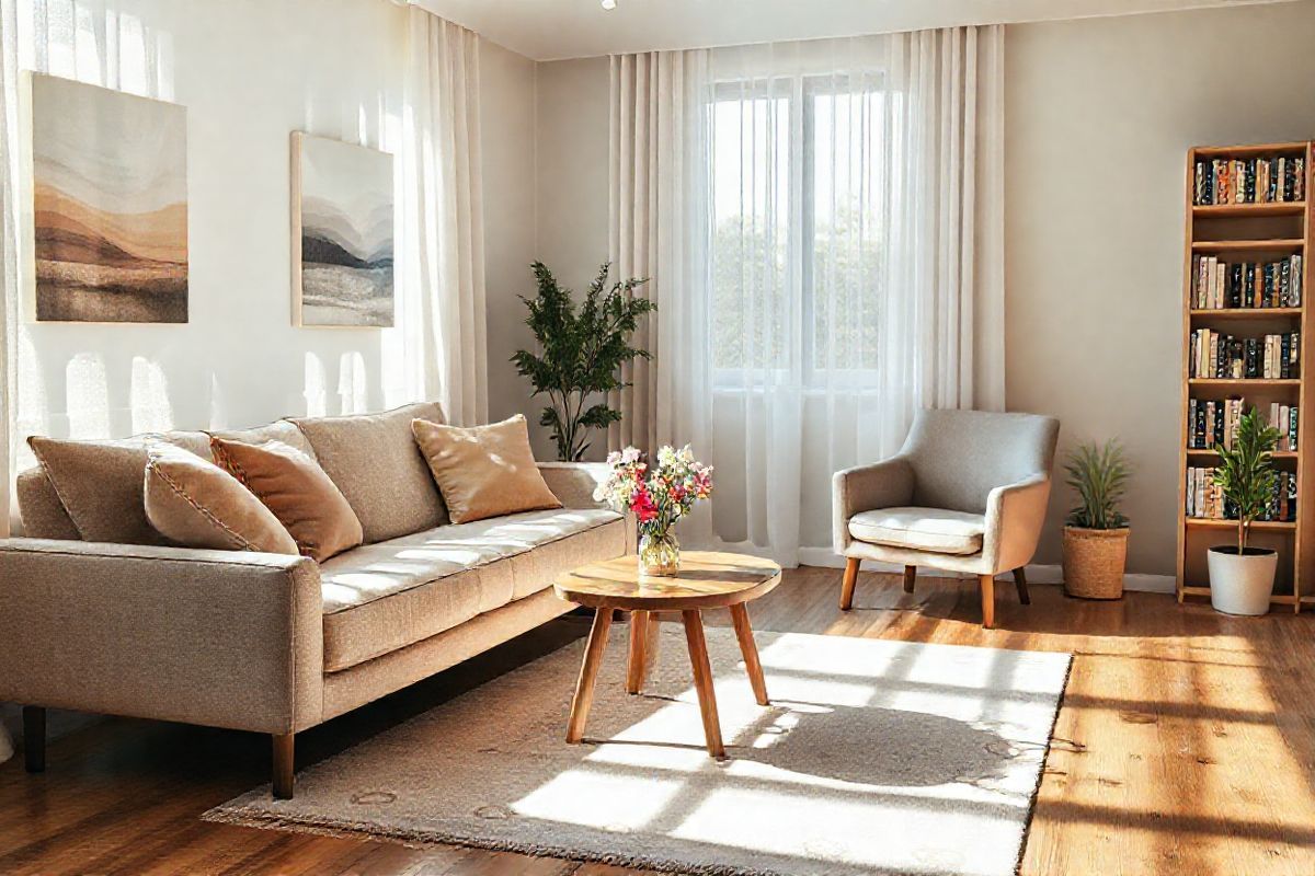 The image depicts a serene therapy room bathed in soft, natural light filtering through large windows adorned with sheer curtains. The room features a comfortable, inviting couch layered with plush cushions in calming earth tones. A small, wooden coffee table sits in front of the couch, adorned with a delicate vase of fresh flowers, adding a touch of nature and vibrancy to the space. On the walls, soothing artwork depicting abstract landscapes evokes a sense of peace and introspection. A cozy armchair is positioned in the corner, beside a tall bookshelf filled with various books on mental health and self-care. A gentle, decorative rug with subtle patterns covers the hardwood floor, enhancing the warmth of the room. In the background, a small potted plant adds a hint of greenery, symbolizing growth and healing. The overall atmosphere is tranquil and inviting, creating a safe space that reflects the essence of trauma therapy—comfort, understanding, and the journey towards recovery. This photorealistic representation captures the emotional safety and support that individuals seek when engaging in therapy for PTSD and trauma.