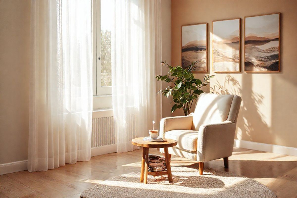 A serene therapy room bathed in soft, natural light, featuring warm earth tones that create a calming atmosphere. In the foreground, a plush, inviting armchair upholstered in a gentle cream fabric sits next to a small, round wooden table adorned with a steaming cup of herbal tea and a few neatly stacked therapy books. A window with sheer curtains allows sunlight to filter through, casting delicate shadows on the light wooden floor. In the background, a large potted plant adds a touch of greenery, while calming artwork depicting abstract landscapes hangs on the walls, evoking feelings of peace and tranquility. A cozy soft rug underfoot enhances the sense of warmth and safety, making the space feel welcoming and nurturing. The overall composition conveys a sense of healing and support, perfectly mirroring the essence of trauma therapy and the journey towards recovery and self-discovery.